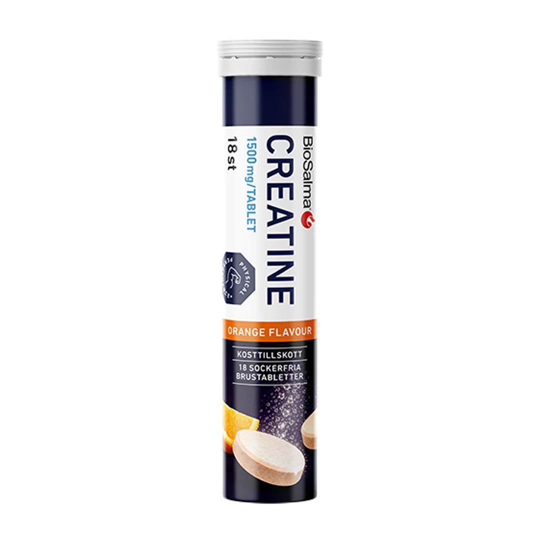 BioSalma Effervescent Creatine 1500 mg Orange brusetabletter i et hvitt og mørkeblått rør med oransje detaljer.