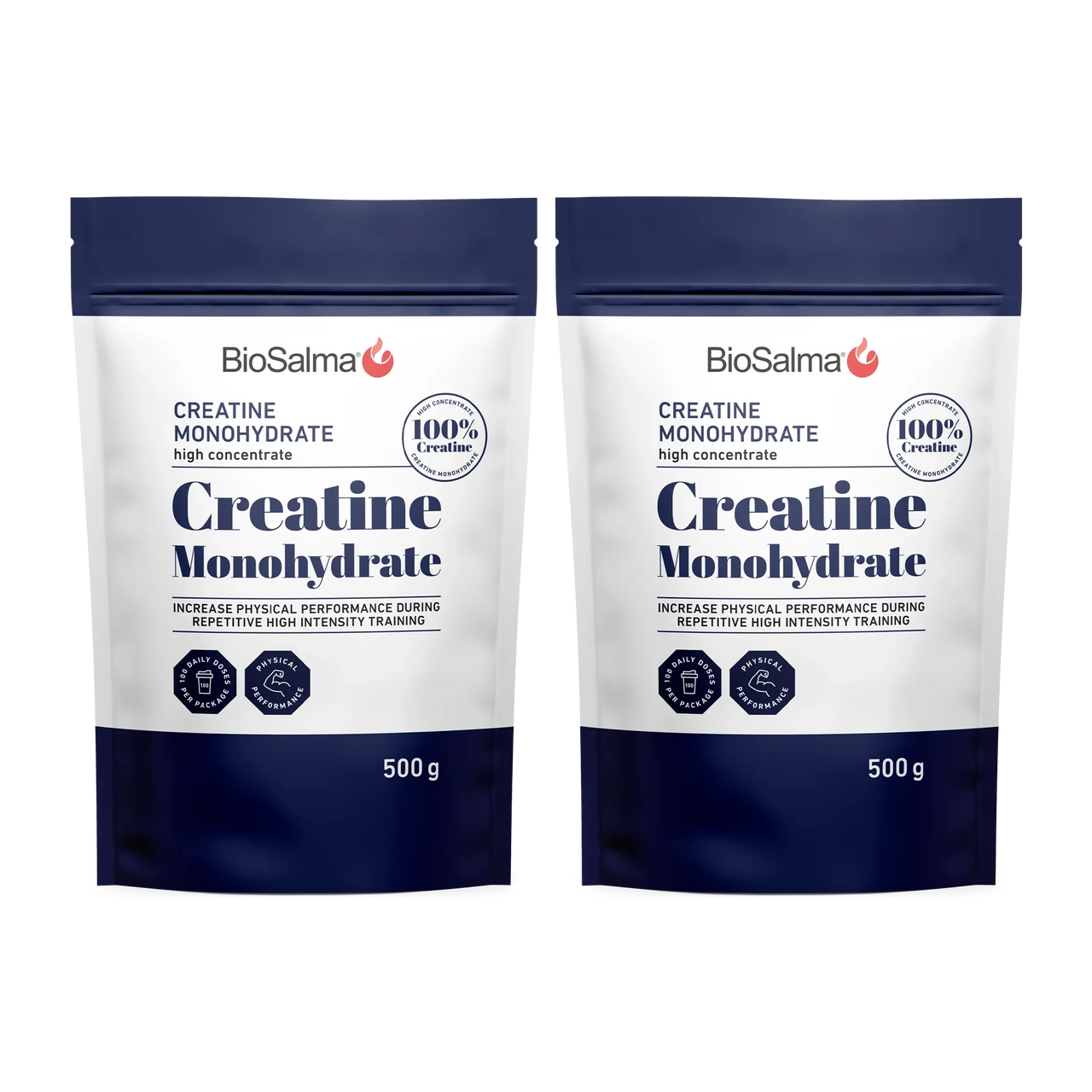 2 x BioSalma Creatine Monohydrat 500 g pulver i to hvite og marineblå poser.