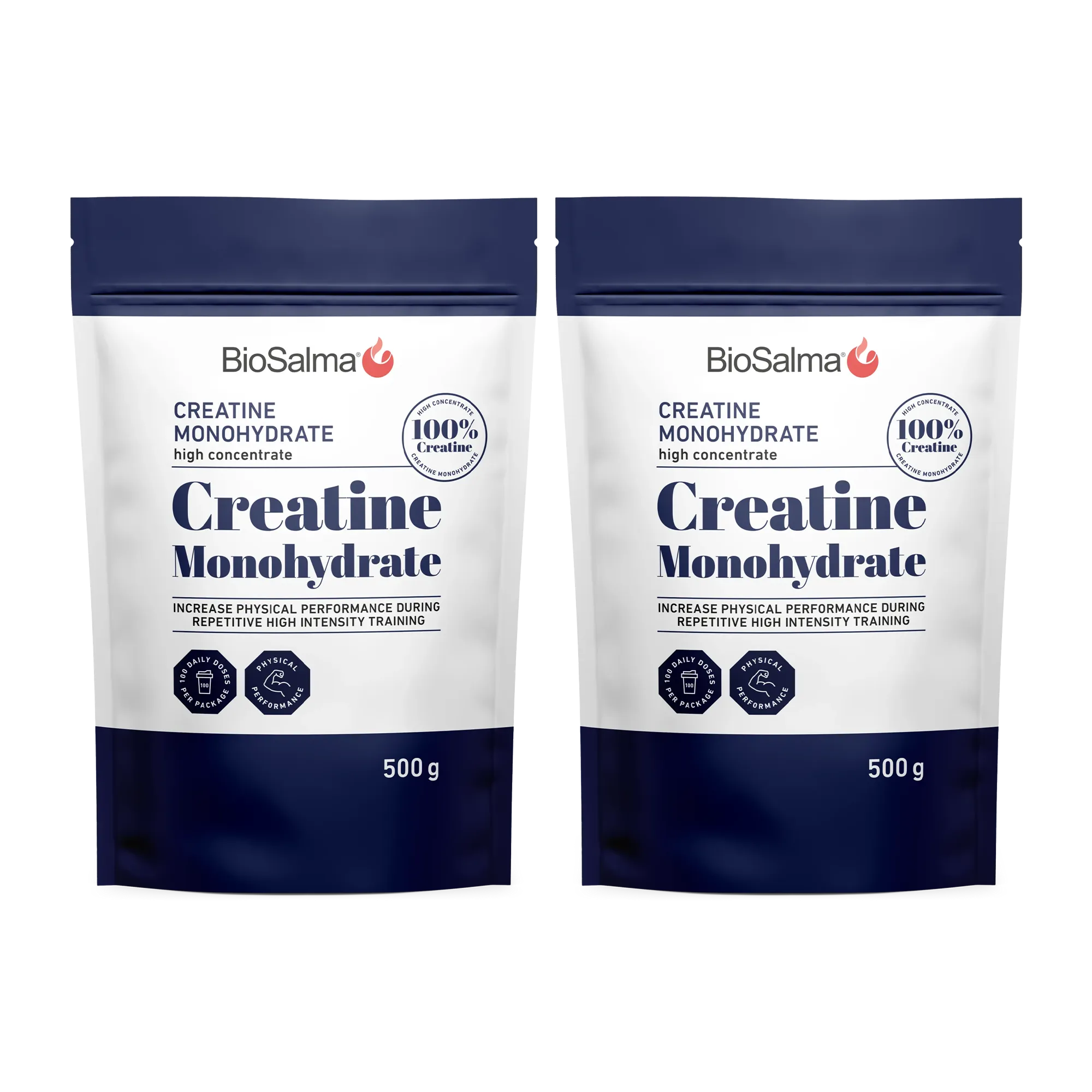 2 x BioSalma Creatine Monohydrat 500 g pulver i to hvite og marineblå poser.