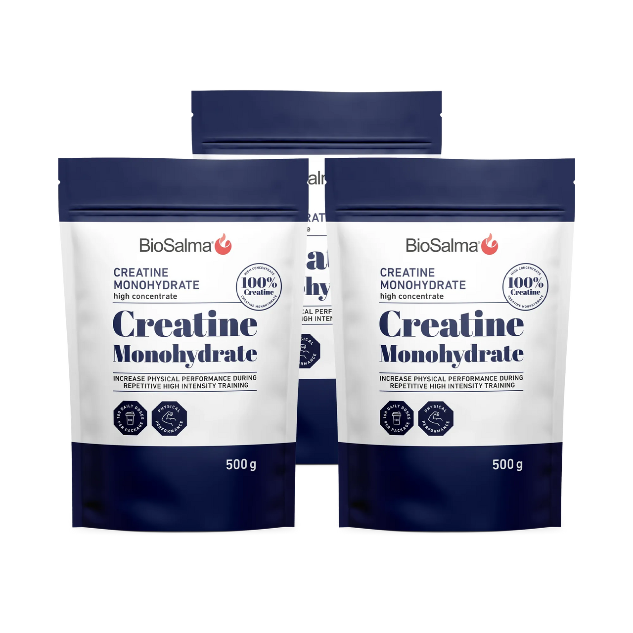 3 x BioSalma Creatine Monohydrat 500 g kreatinpulver i tre hvite og mørkeblå poser.