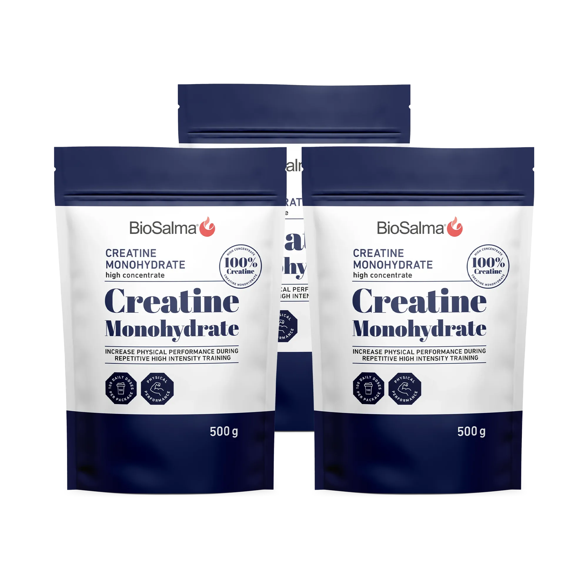 3 x BioSalma Creatine Monohydrat 500 g kreatinpulver i tre hvite og mørkeblå poser.