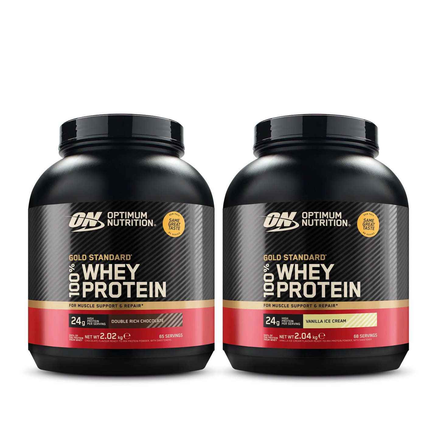 2 x Optimum Nutrition 100% Whey Gold Standard 2 kg proteinpulver i to svarte bokser med gullfargede og røde detaljer.