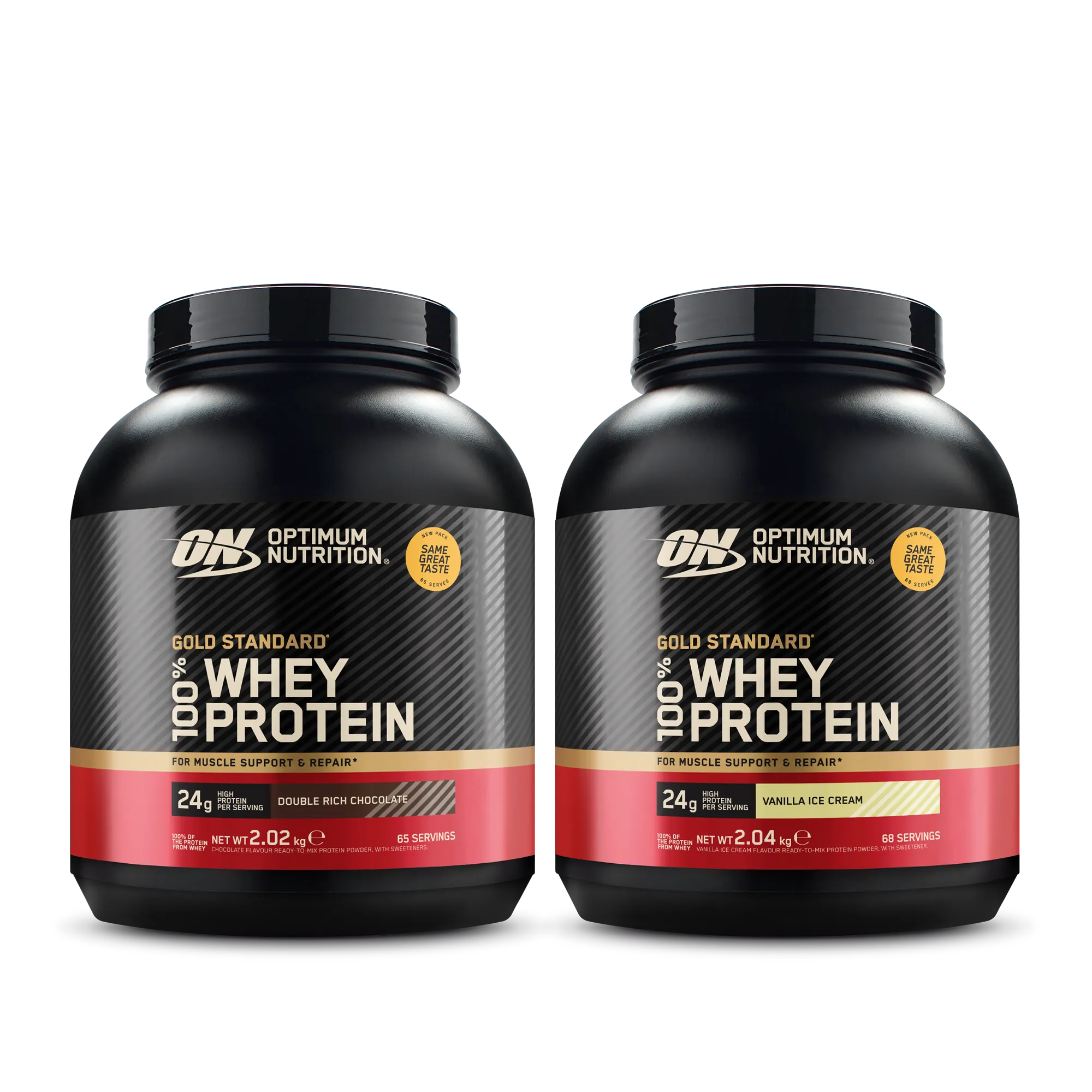 2 x Optimum Nutrition 100% Whey Gold Standard 2 kg proteinpulver i to svarte bokser med gullfargede og røde detaljer.
