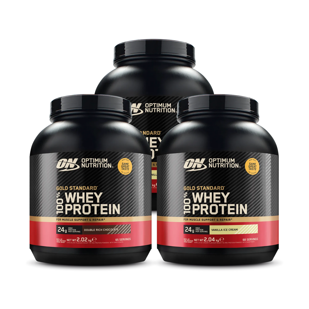 3 x Optimum Nutrition 100% Whey Gold Standard 2 kg proteinpulver i svarte bokser med røde og gylne detaljer.