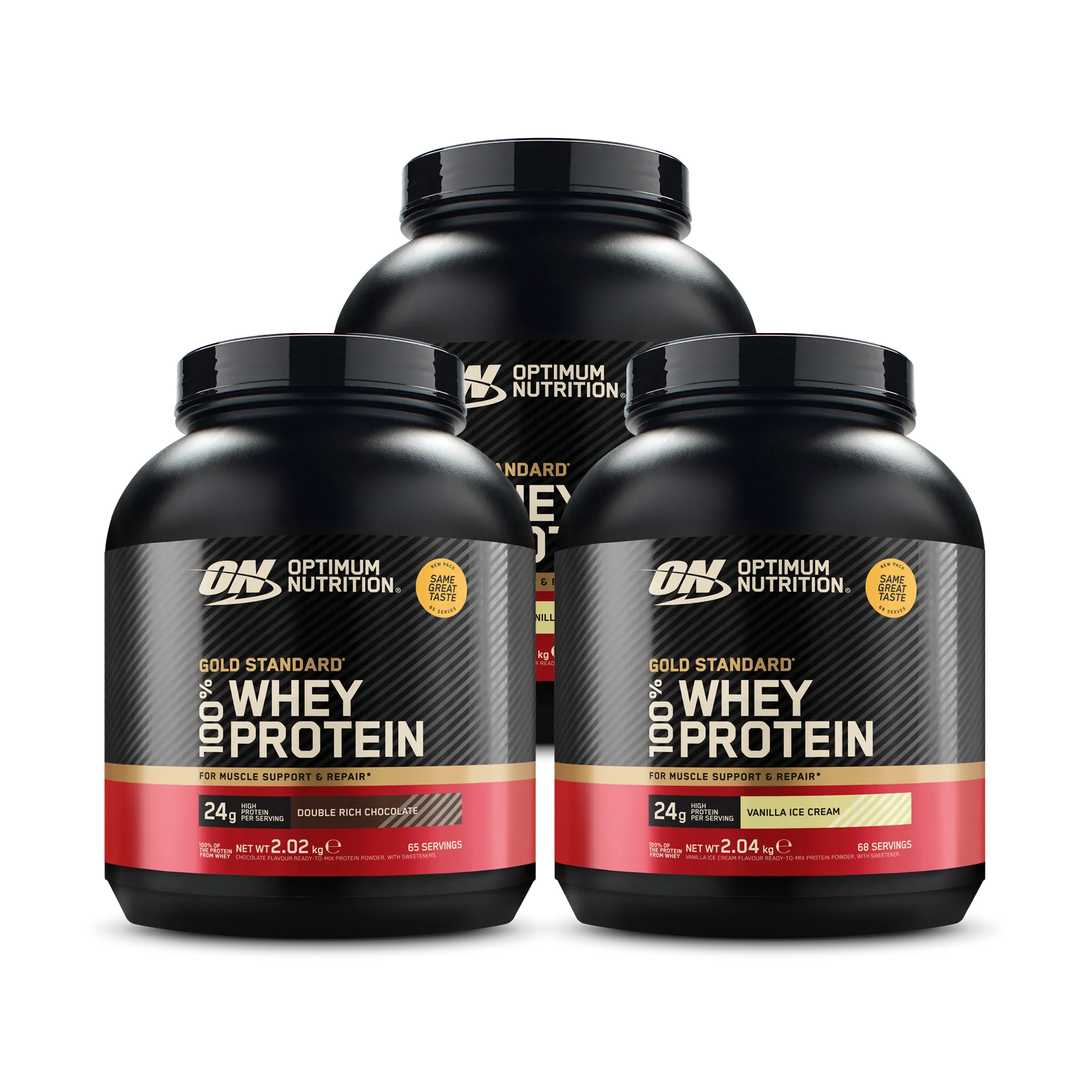 3 x Optimum Nutrition 100% Whey Gold Standard 2 kg proteinpulver i svarte bokser med røde og gylne detaljer.