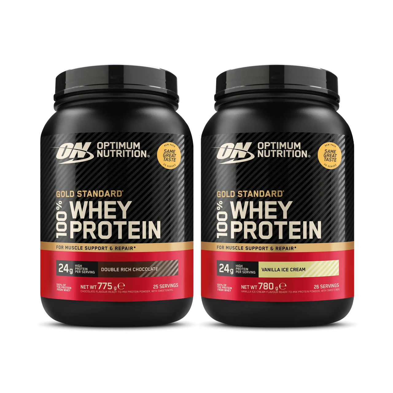 2 x Optimum Nutrition 100% Whey Gold Standard 775 g proteinpulver i to svarte bokser med røde og gylne detaljer.