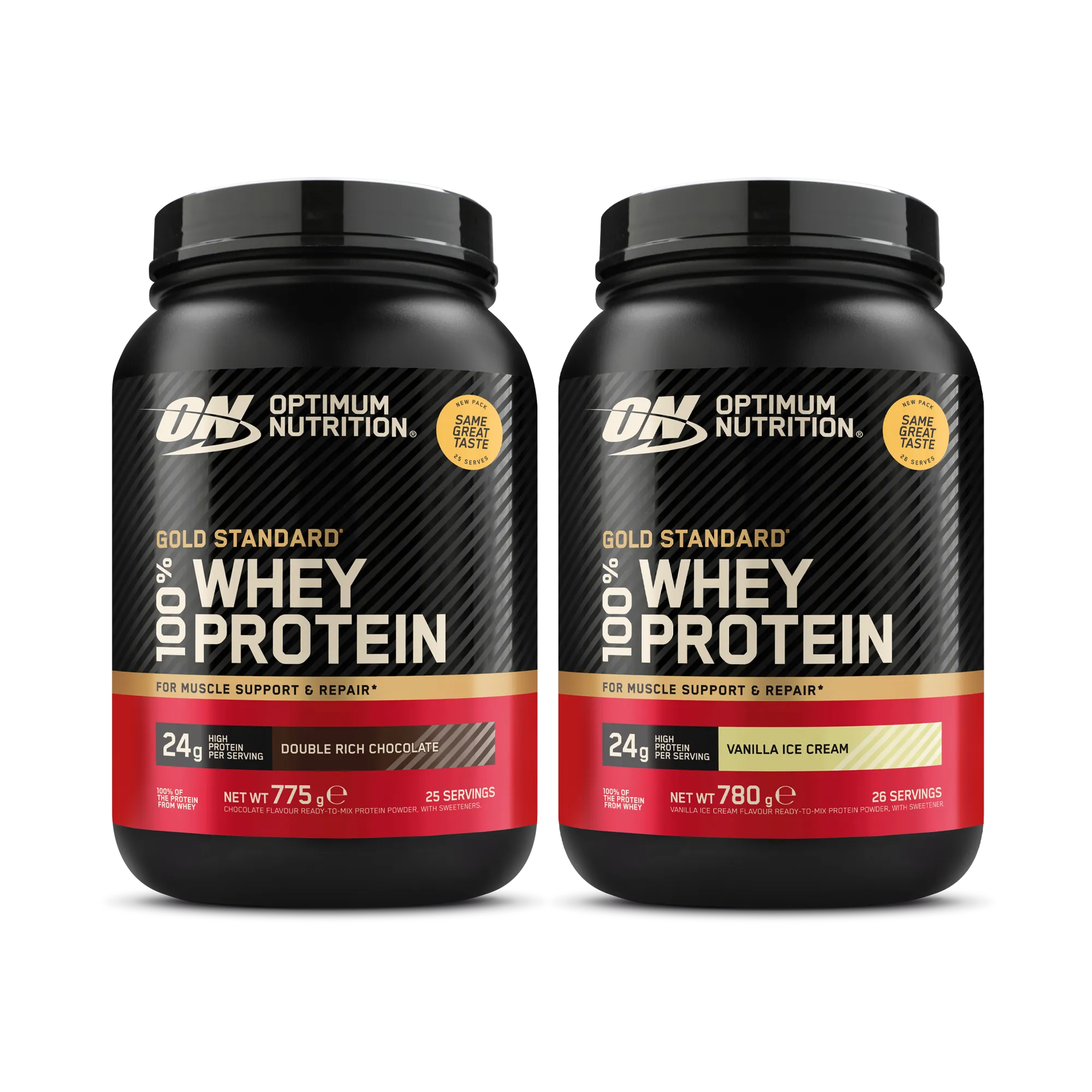 2 x Optimum Nutrition 100% Whey Gold Standard 775 g proteinpulver i to svarte bokser med røde og gylne detaljer.