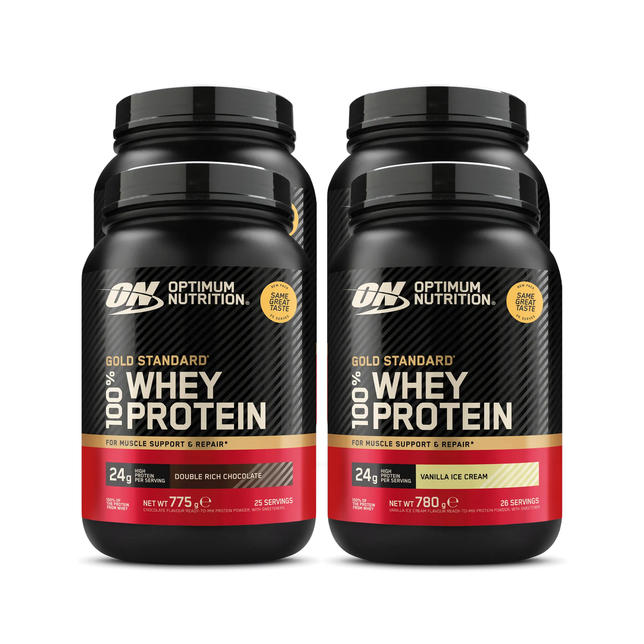 4 x Optimum Nutrition 100% Whey Gold Standard 775 g proteinpulver i svarte bokser med røde og gylne detaljer.