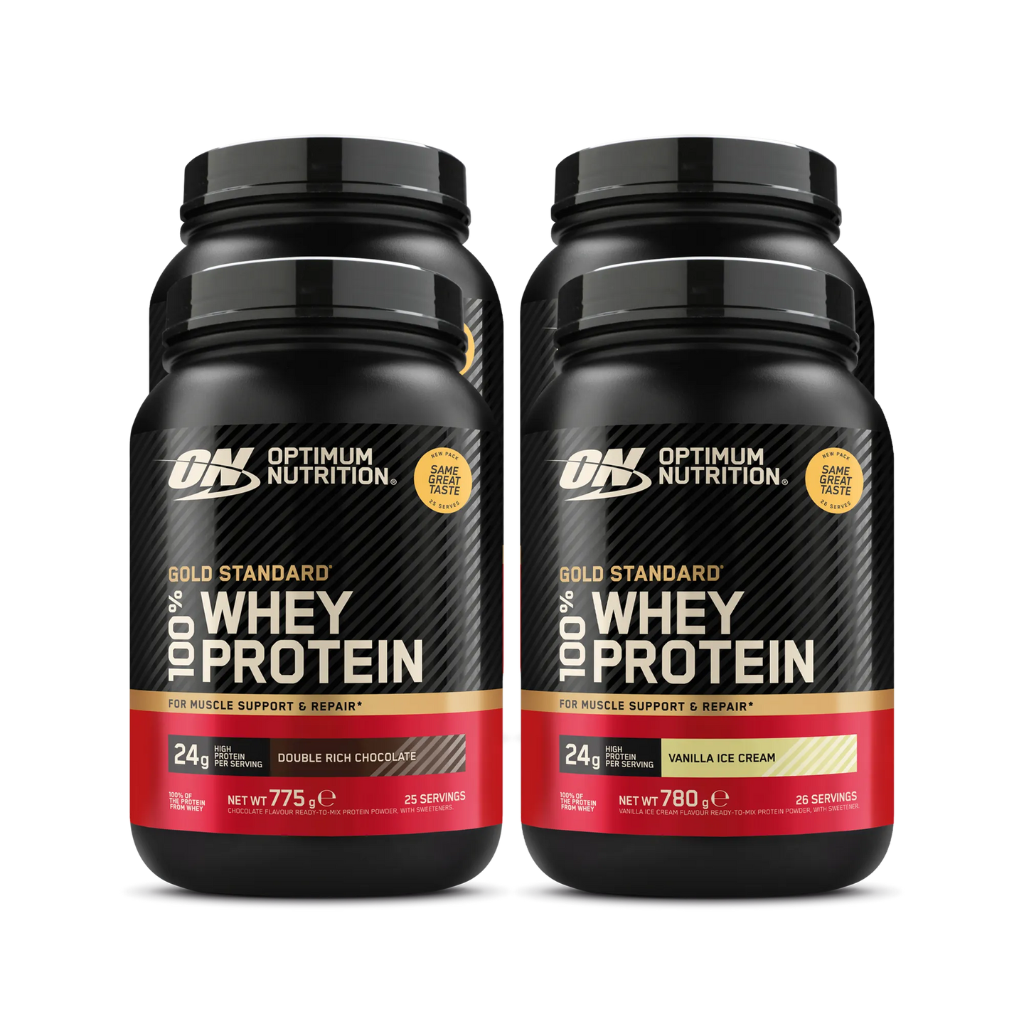 4 x Optimum Nutrition 100% Whey Gold Standard 775 g proteinpulver i svarte bokser med røde og gylne detaljer.