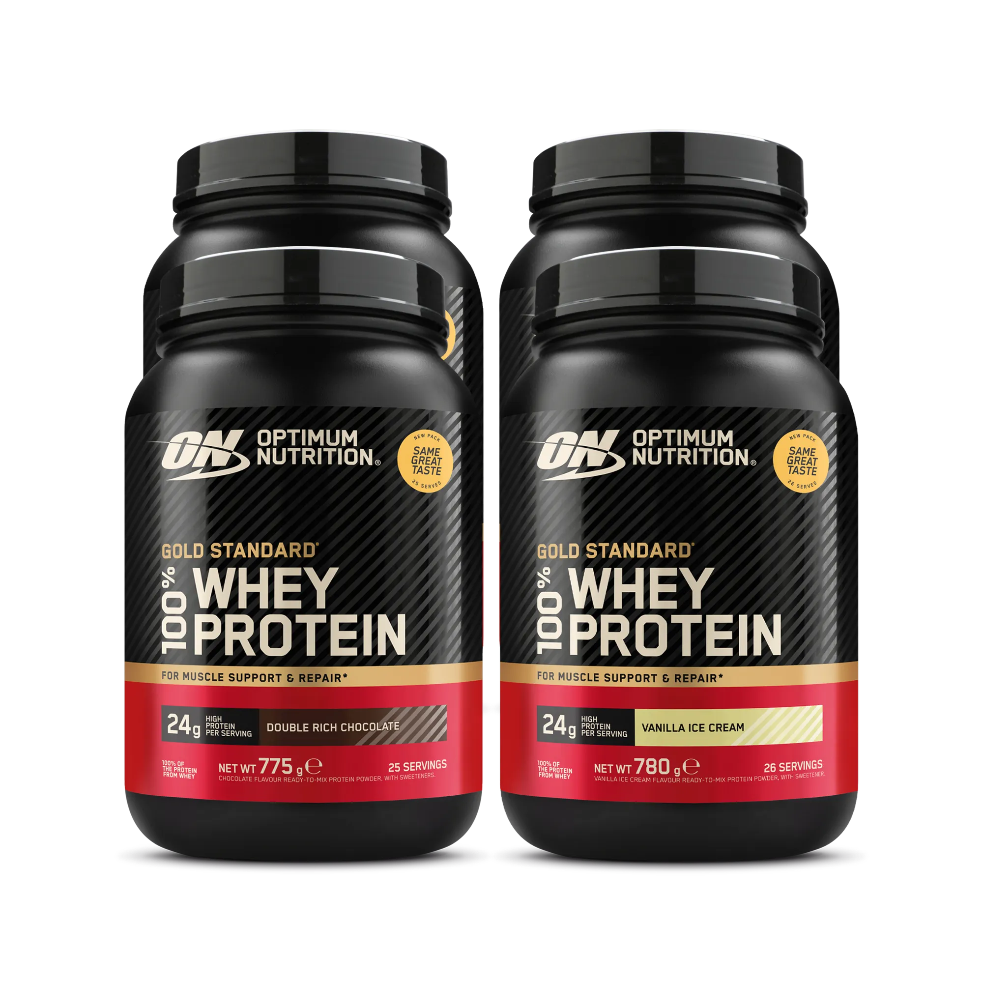 4 x Optimum Nutrition 100% Whey Gold Standard 775 g proteinpulver i svarte bokser med røde og gylne detaljer.