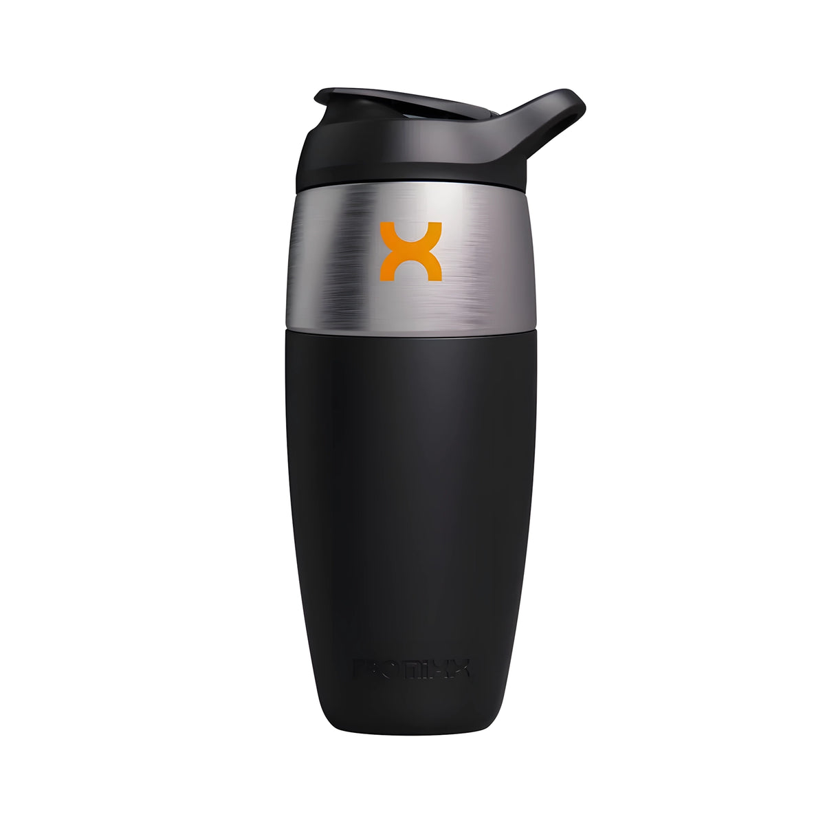 ProMixx Pursuit Single Wall Steel 950 ml är en shaker i rostfritt stål med svart silikonfront och orange logotyp., bild 4 av 6
