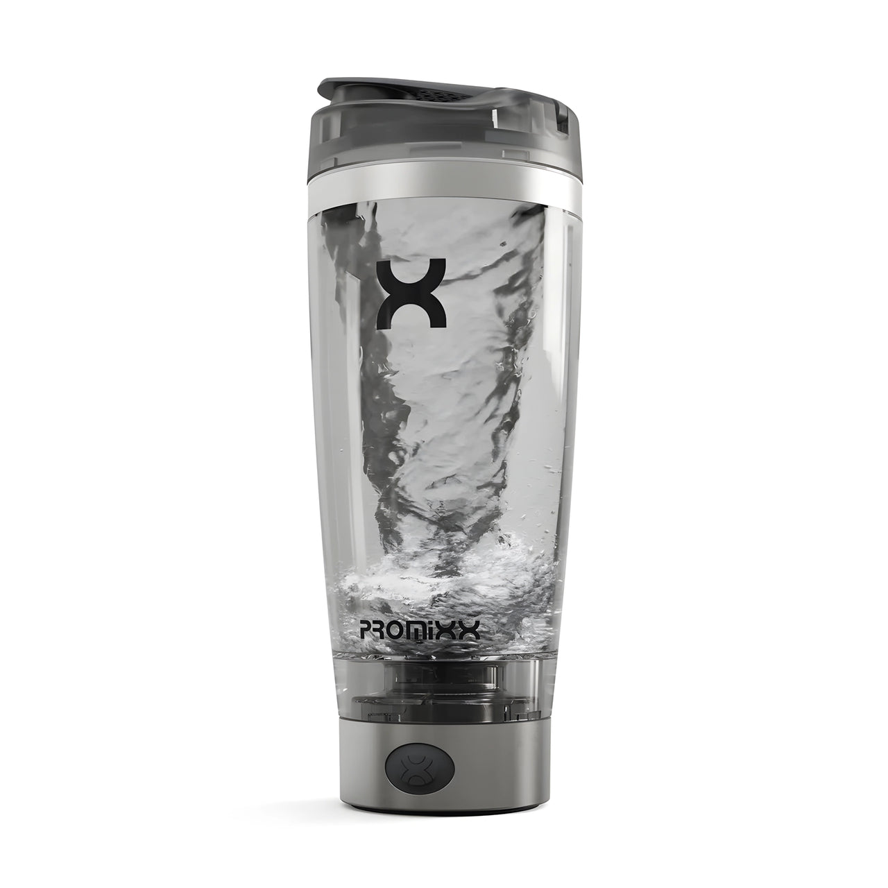 ProMixx PRO Electric Shaker 600 ml Stainless Steel med rustfri bunn og en aktiv vannvirvel inni flasken.