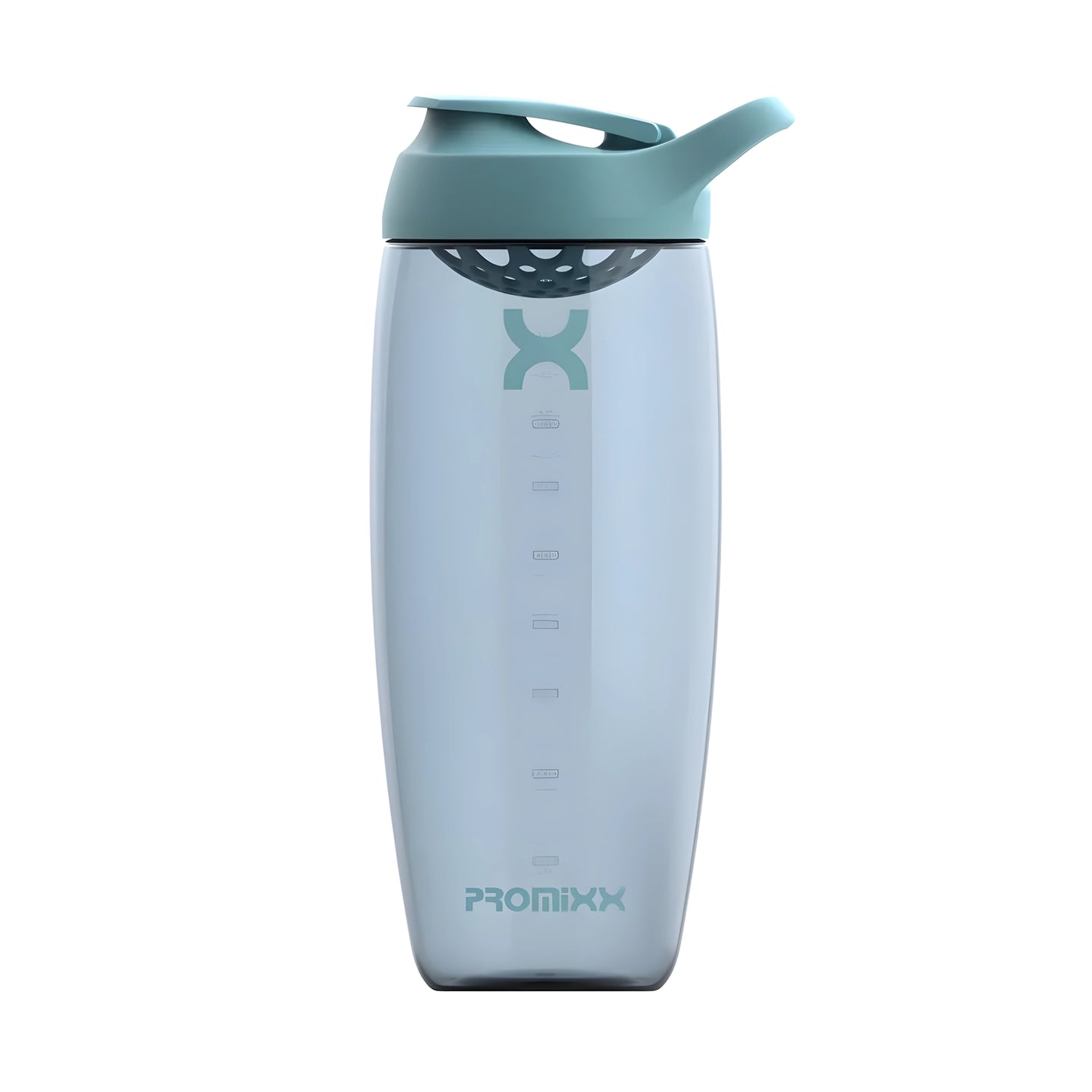 ProMixx Pursuit Shaker Bottle 950 ml med transparent, glasslignende overflate, innebygd agitator og lysegrønt lokk., bilde 2 av 4