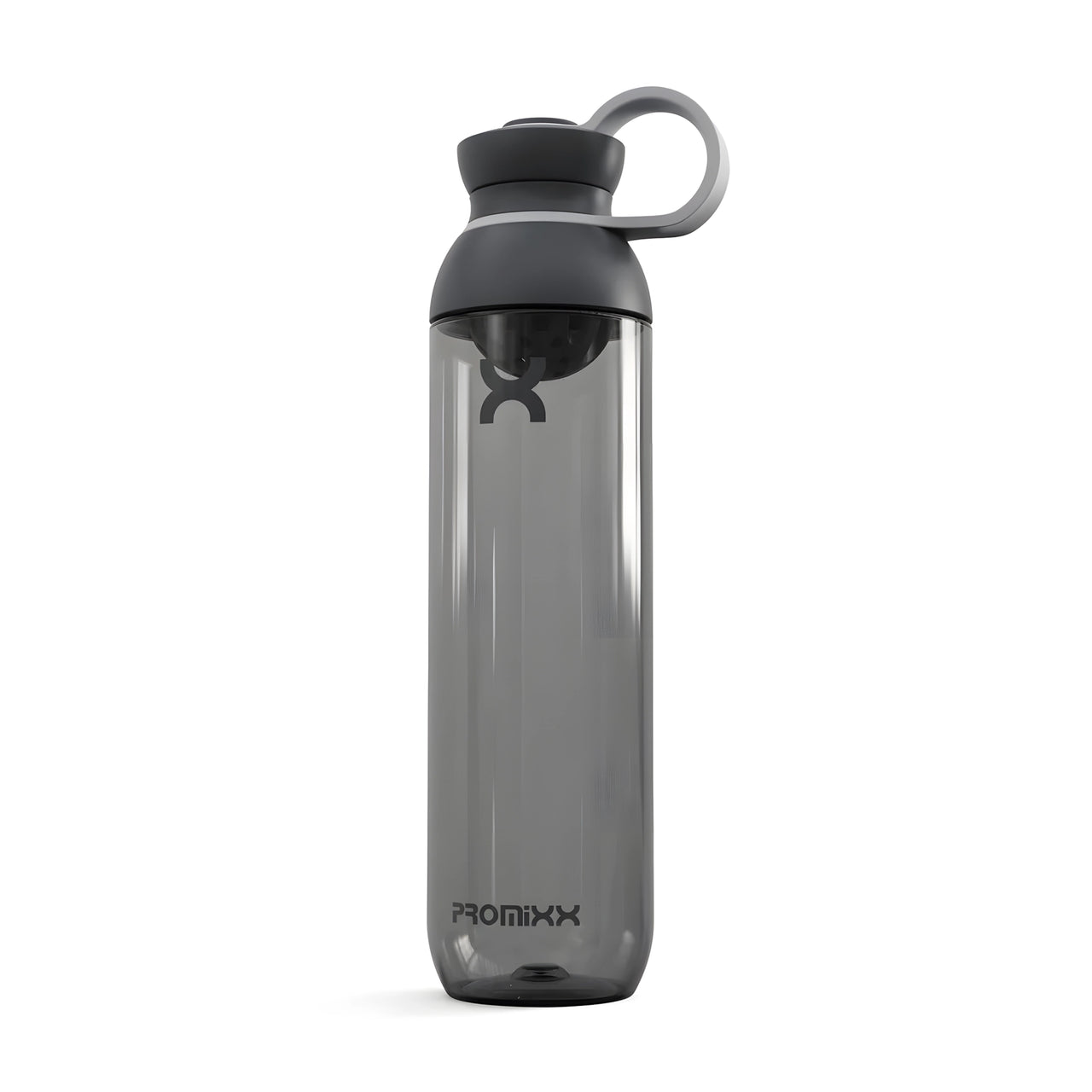 ProMixx Form Hybrid Bottle 760 ml, en transparent grafittgrå shakerflaske med mørkegrått lokk og bæreløkke.