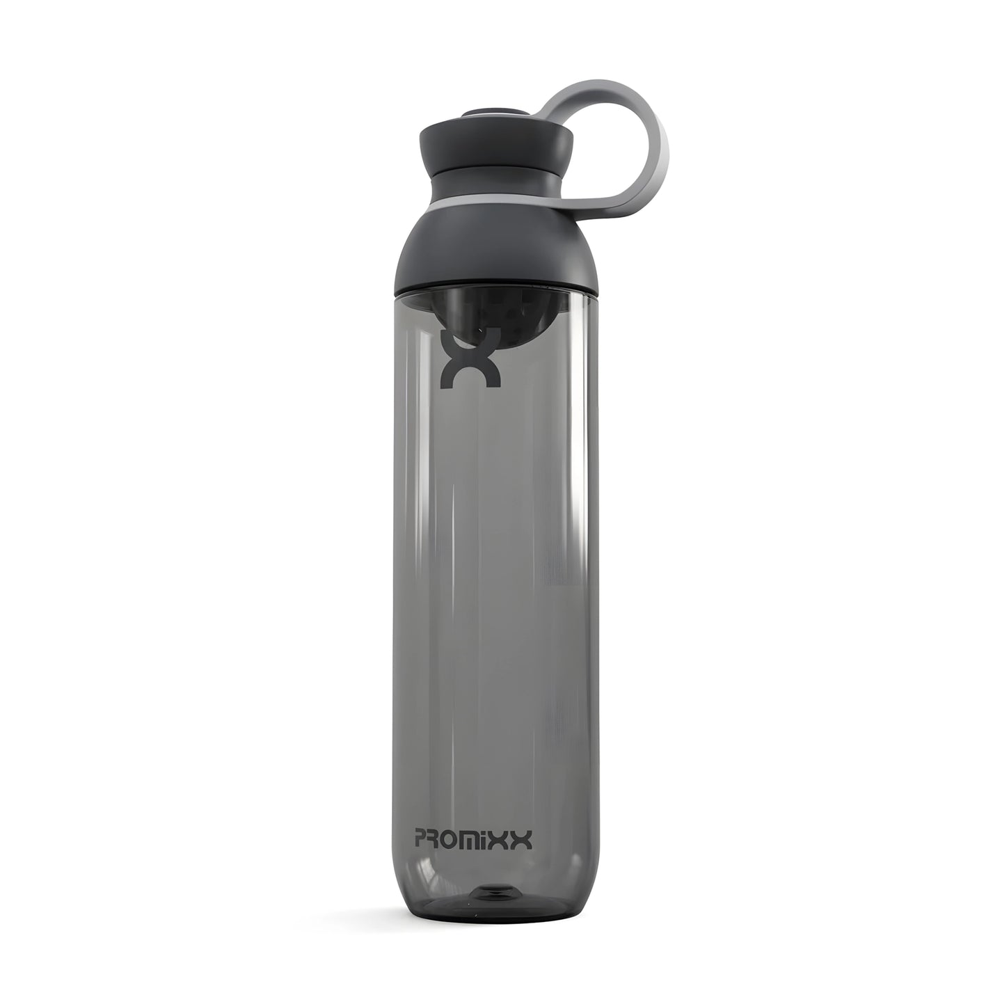ProMixx Form Hybrid Bottle 760 ml, en transparent grafittgrå shakerflaske med mørkegrått lokk og bæreløkke., bilde 2 av 3