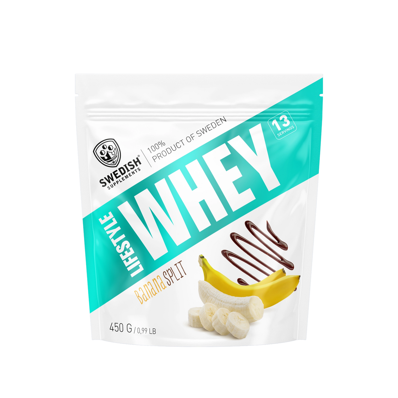 Swedish Supplements Lifestyle Whey 450 g proteinpulver i en hvit og turkis pose for smaken Banana Split.