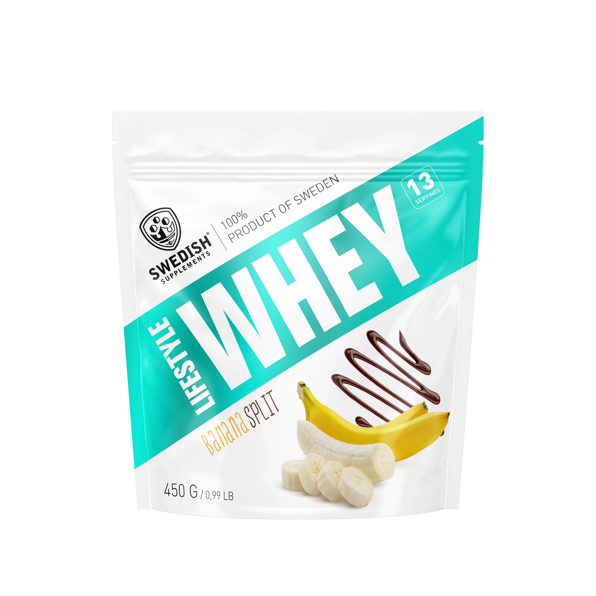 Swedish Supplements Lifestyle Whey 450 g proteinpulver i en hvit og turkis pose for smaken Banana Split., bilde 1 av 8