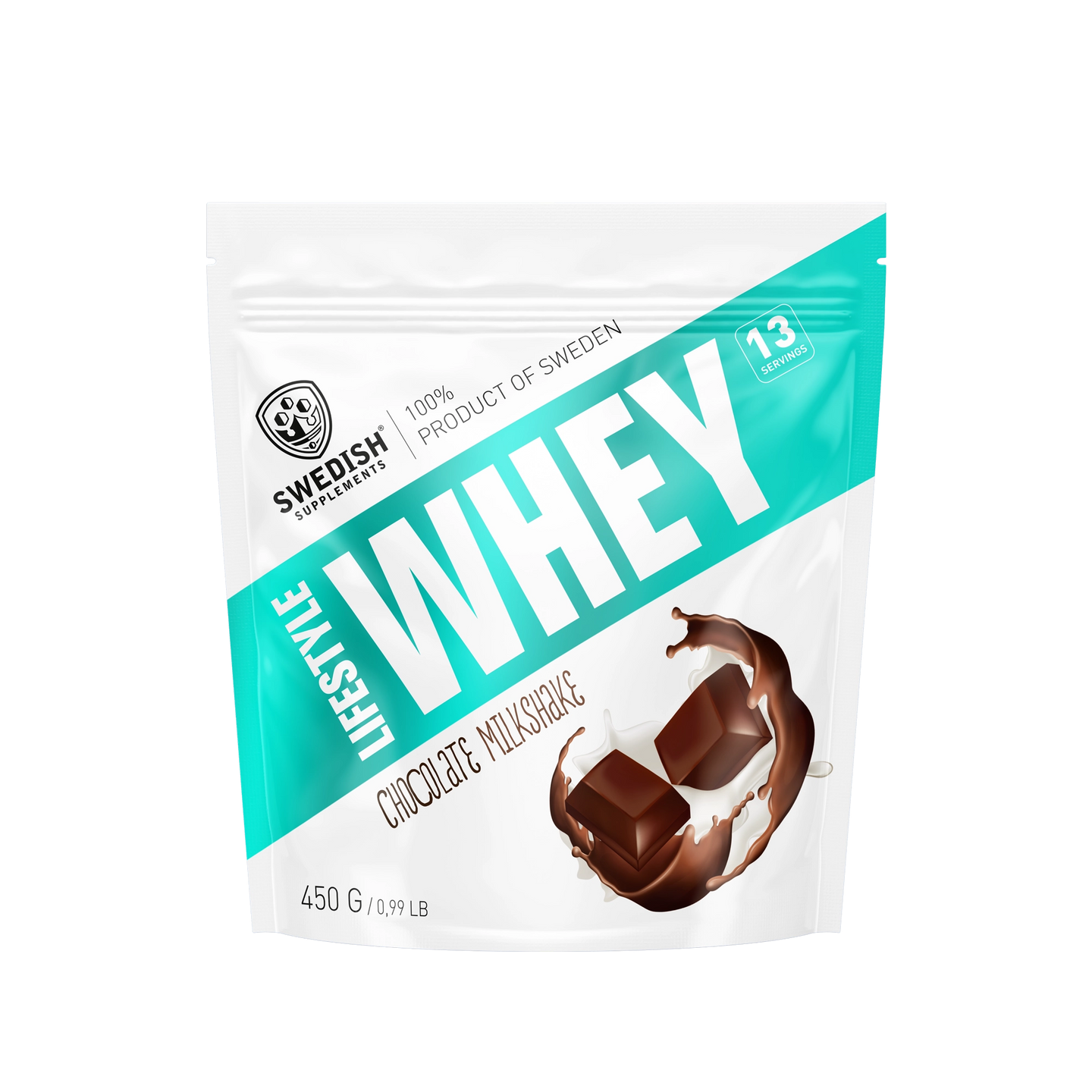 Swedish Supplements Lifestyle Whey 450 g proteinpulver i en hvit pose med turkise detaljer for smaken Chocolate Milkshake., bilde 2 av 8