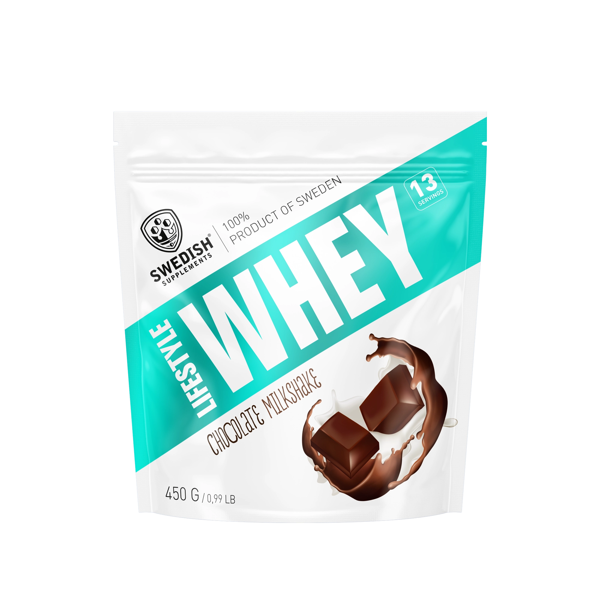 Swedish Supplements Lifestyle Whey 450 g proteinpulver i en hvit pose med turkise detaljer for smaken Chocolate Milkshake., bilde 2 av 8