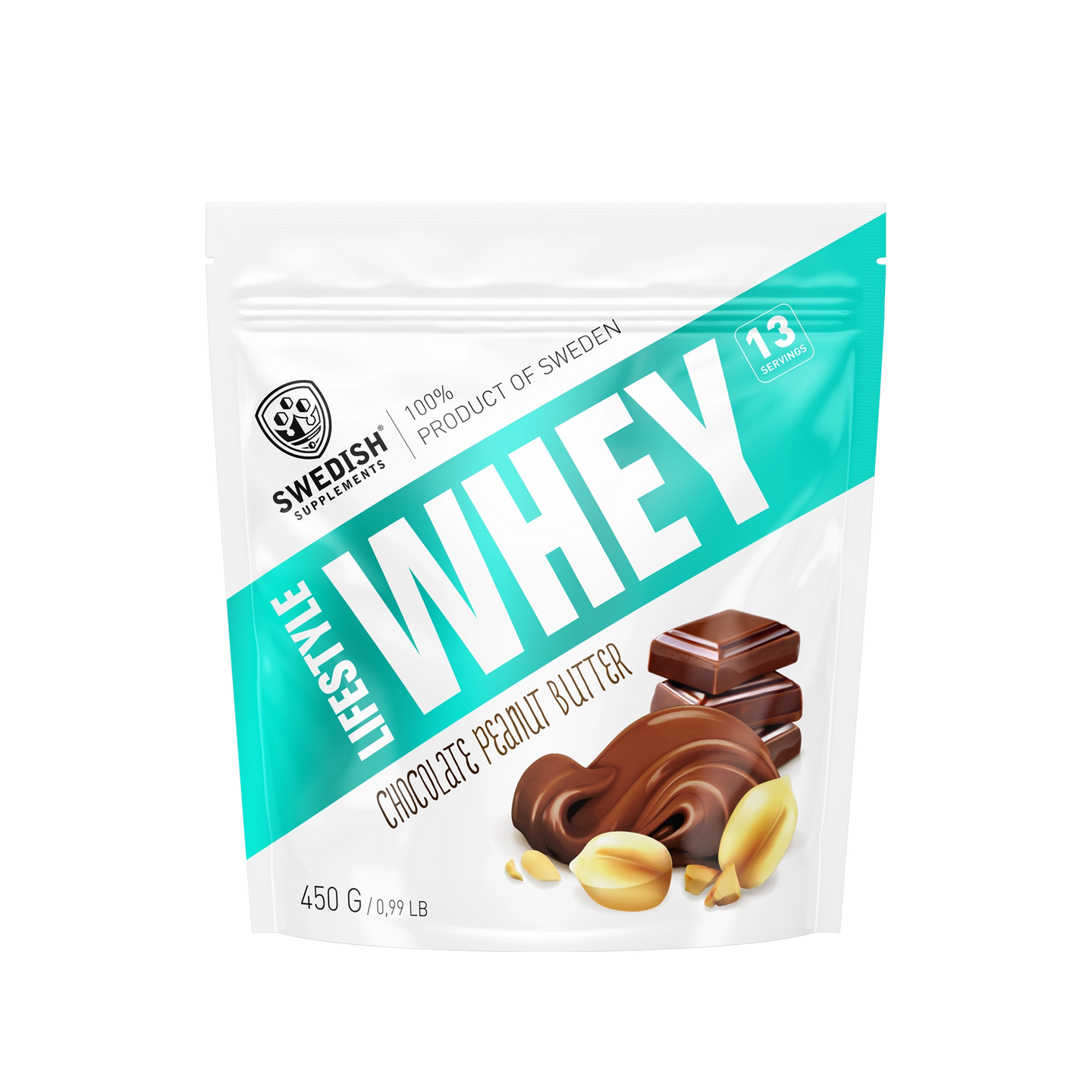 Swedish Supplements Lifestyle Whey 450 g proteinpulver i en hvit og turkis pose for smaken Chocolate Peanut Butter., bilde 3 av 8