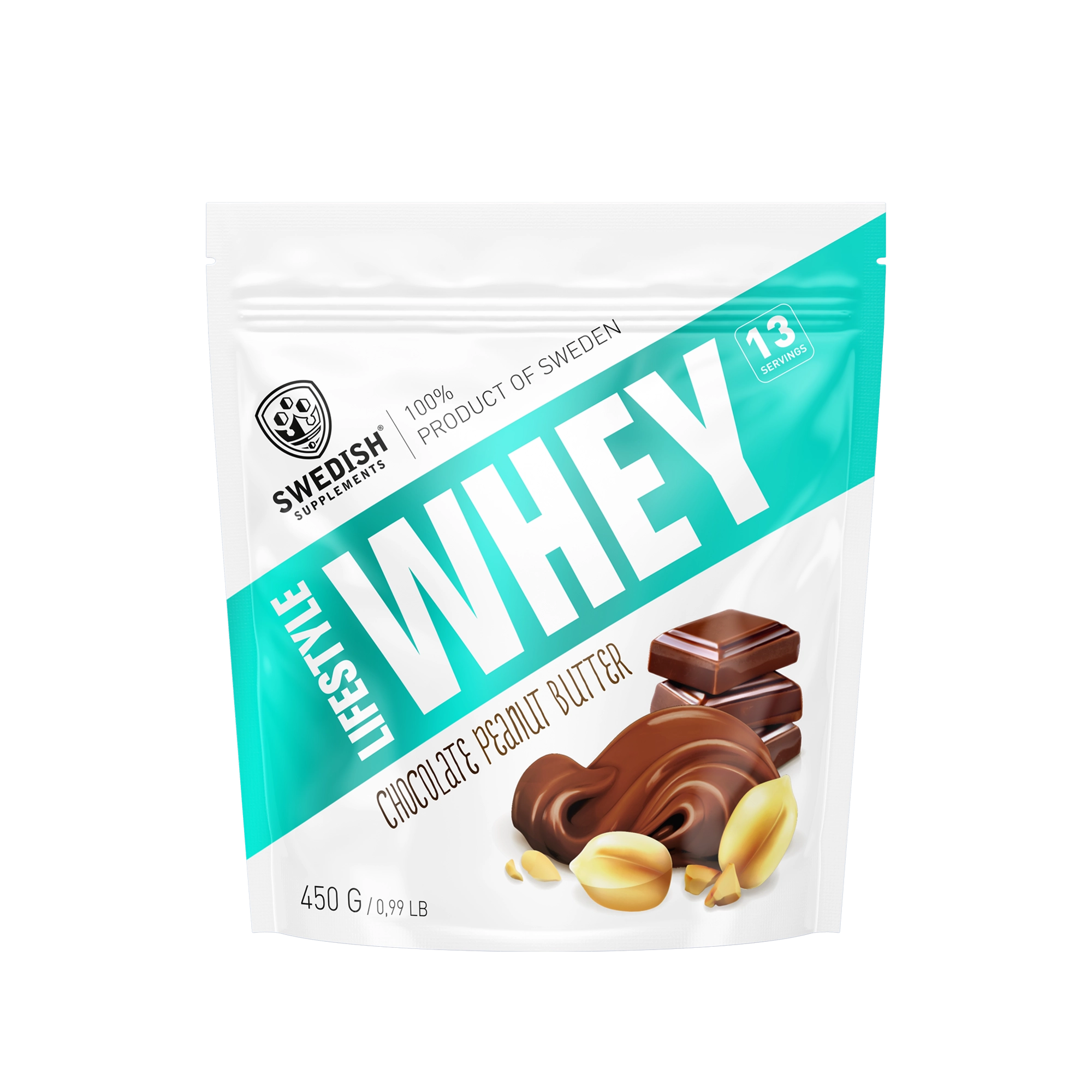 Swedish Supplements Lifestyle Whey 450 g proteinpulver i en hvit og turkis pose for smaken Chocolate Peanut Butter., bilde 3 av 8