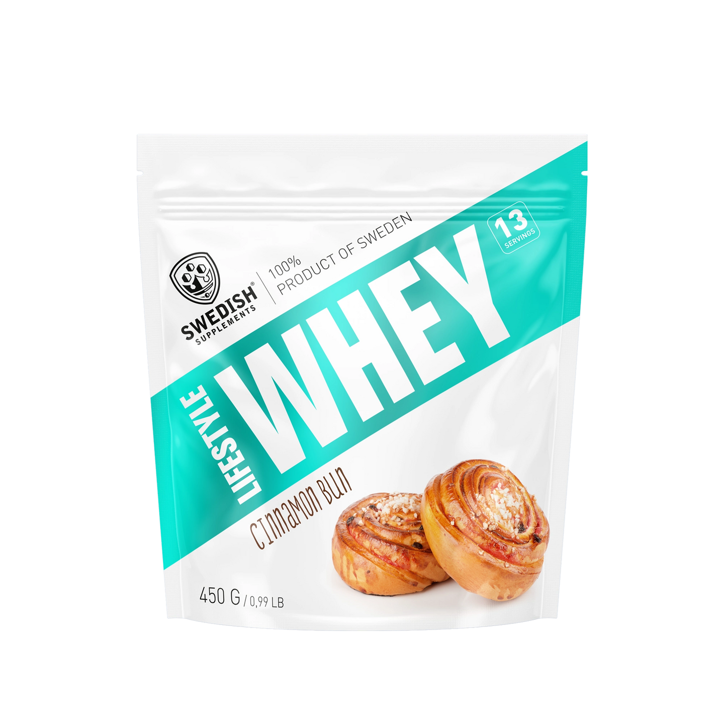 Swedish Supplements Lifestyle Whey 450 g proteinpulver i en hvit og turkis pose for smaken Cinnamon Bun., bilde 4 av 8