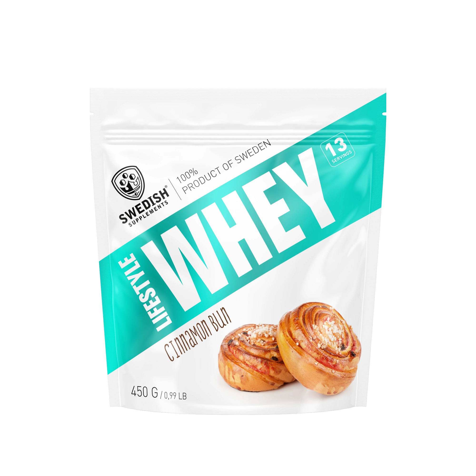 Swedish Supplements Lifestyle Whey 450 g proteinpulver i en hvit og turkis pose for smaken Cinnamon Bun., bilde 4 av 8