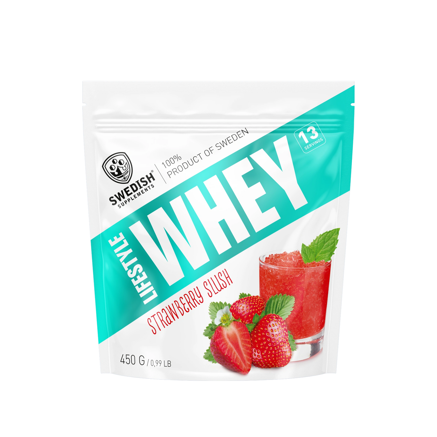 Swedish Supplements Lifestyle Whey 450 g proteinpulver i en hvit og turkis pose for smaken Strawberry Slush., bilde 5 av 8