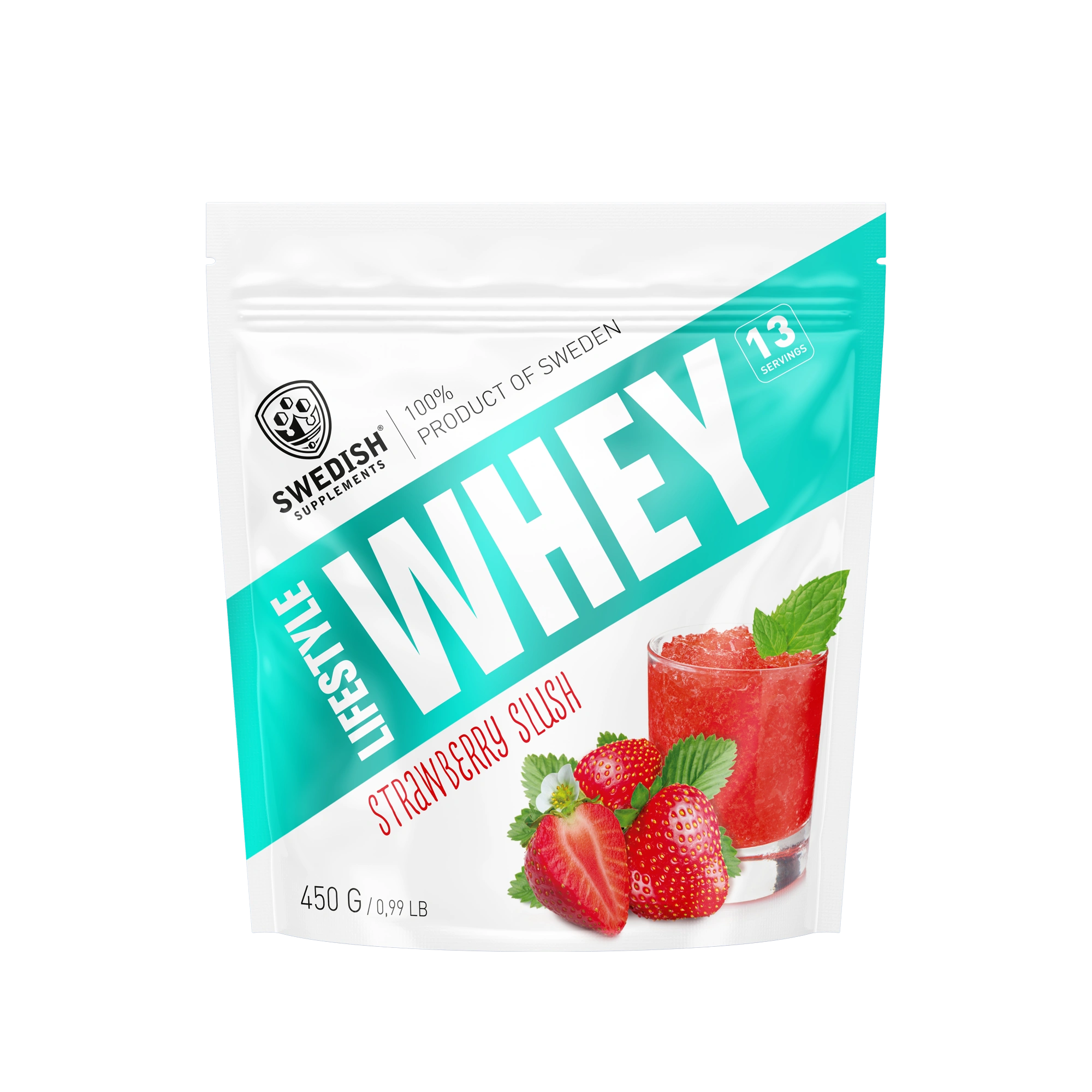 Swedish Supplements Lifestyle Whey 450 g proteinpulver i en hvit og turkis pose for smaken Strawberry Slush., bilde 5 av 8