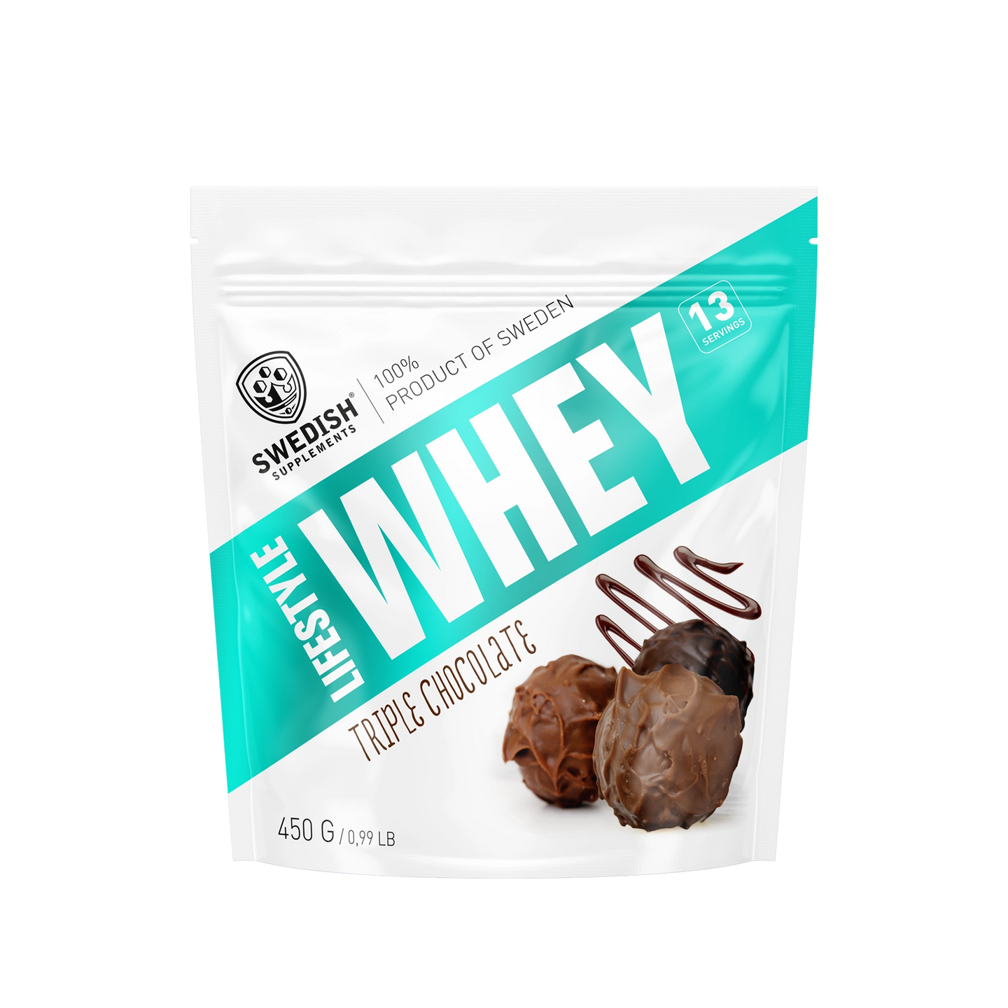 Swedish Supplements Lifestyle Whey 450 g proteinpulver i en hvit pose med turkise detaljer for smaken Triple Chocolate., bilde 6 av 8