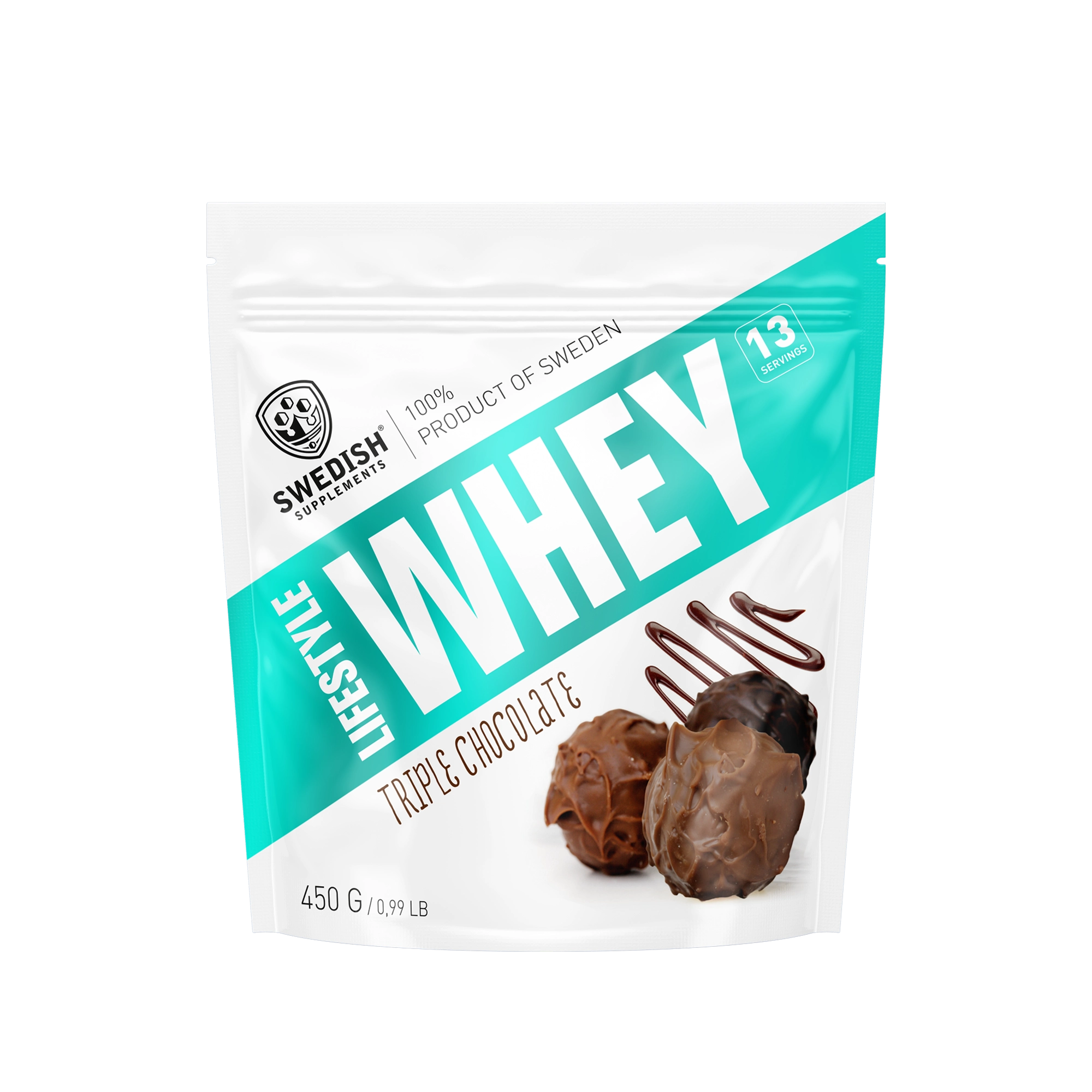 Swedish Supplements Lifestyle Whey 450 g proteinpulver i en hvit pose med turkise detaljer for smaken Triple Chocolate., bilde 6 av 8