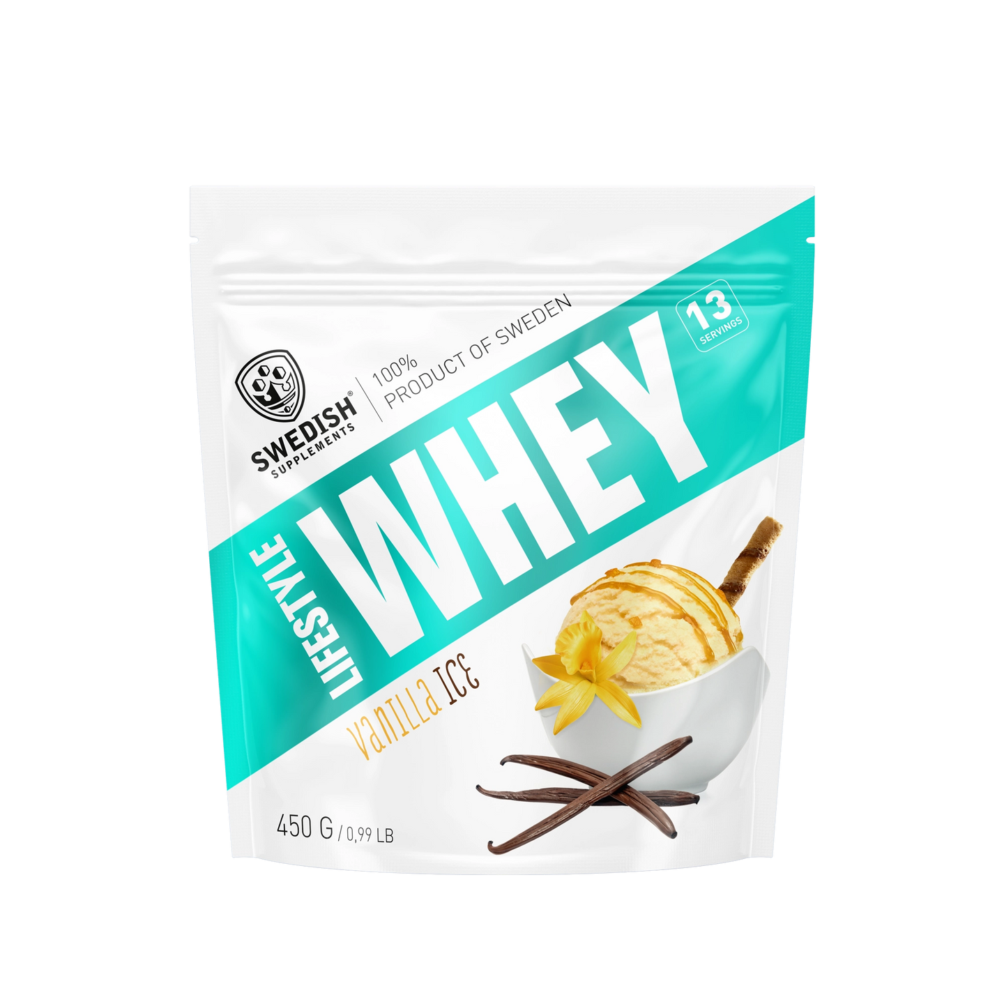 Swedish Supplements Lifestyle Whey 450 g proteinpulver i en hvit pose med turkise detaljer for smaken Vanilla Ice., bilde 7 av 8