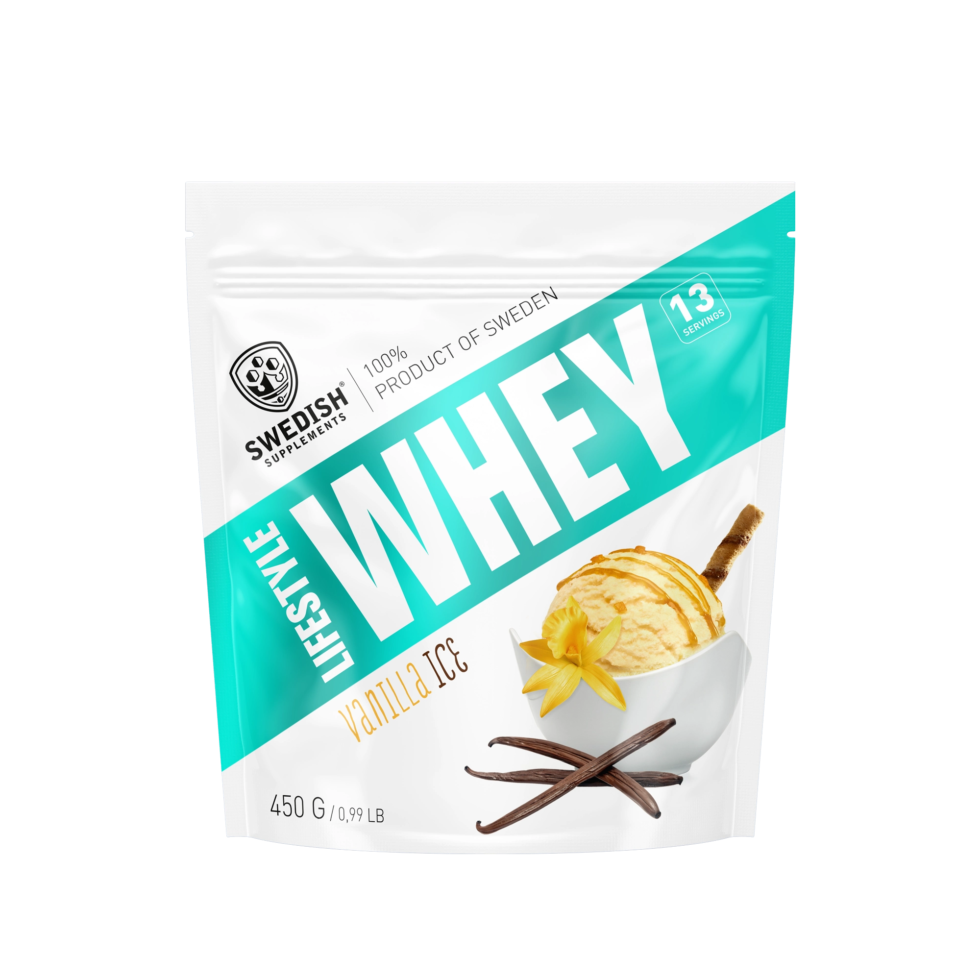 Swedish Supplements Lifestyle Whey 450 g proteinpulver i en hvit pose med turkise detaljer for smaken Vanilla Ice., bilde 7 av 8