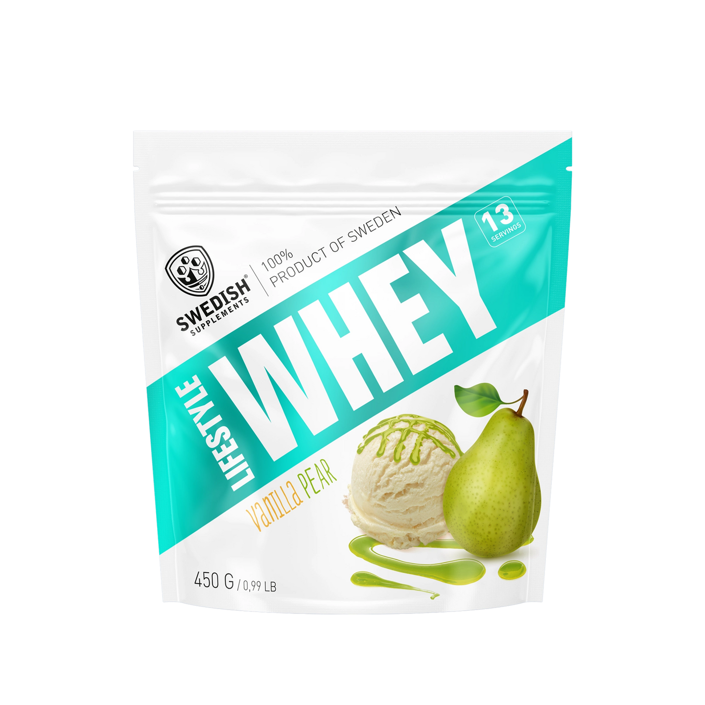 Swedish Supplements Lifestyle Whey 450 g proteinpulver i en hvit pose med turkise detaljer for smaken Vanilla Pear., bilde 8 av 8