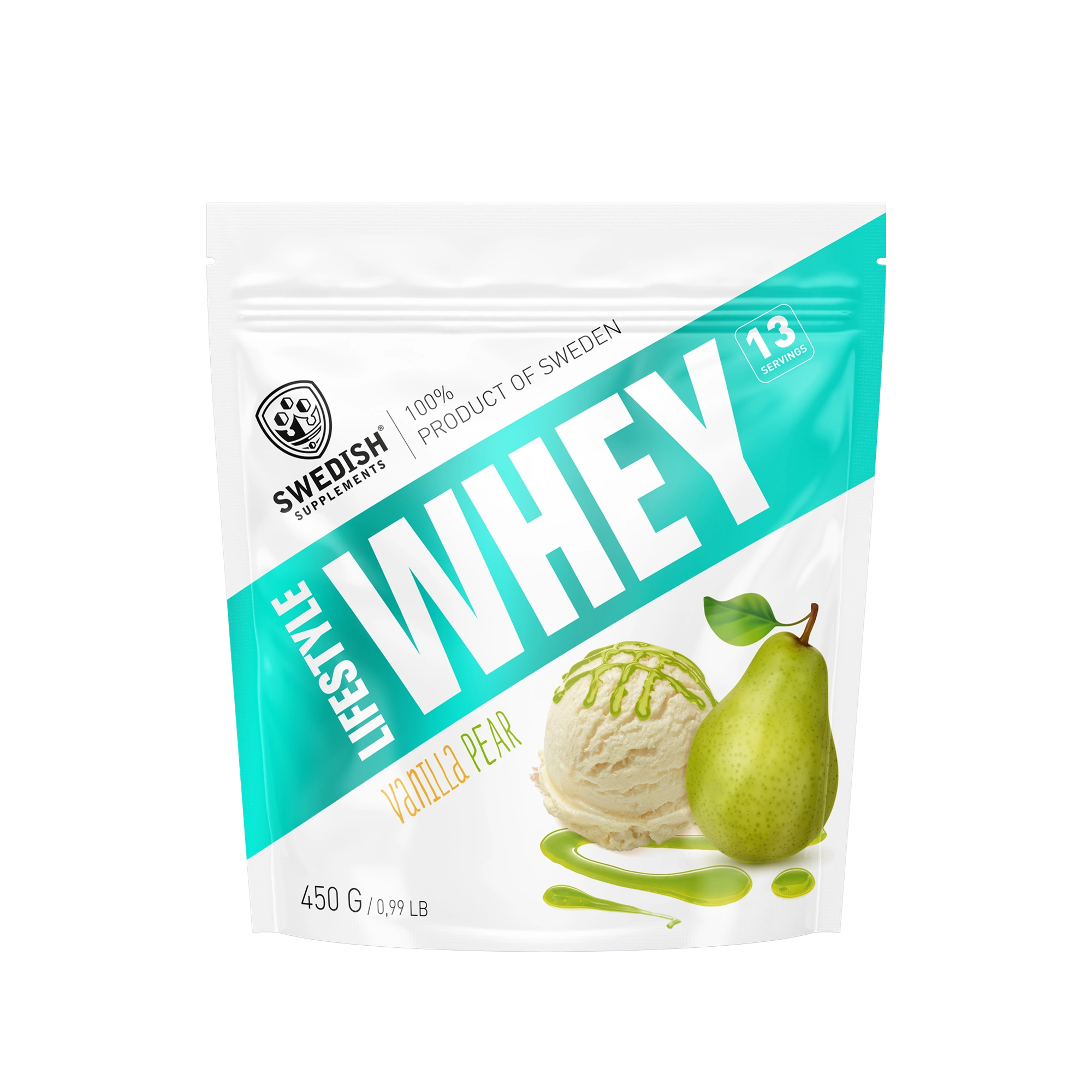 Swedish Supplements Lifestyle Whey 450 g proteinpulver i en hvit pose med turkise detaljer for smaken Vanilla Pear., bilde 8 av 8