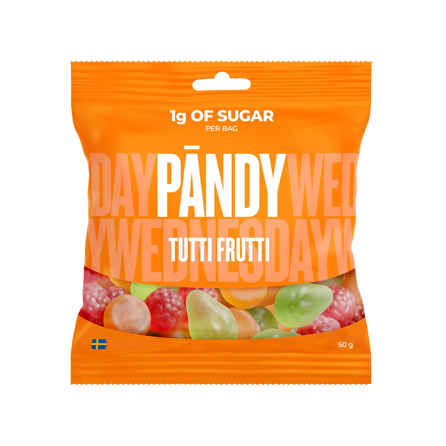 Pändy Candy 50 g Tutti Frutti i en oransje pose med bilde av fargerike gelégodterier., bilde 1 av 1