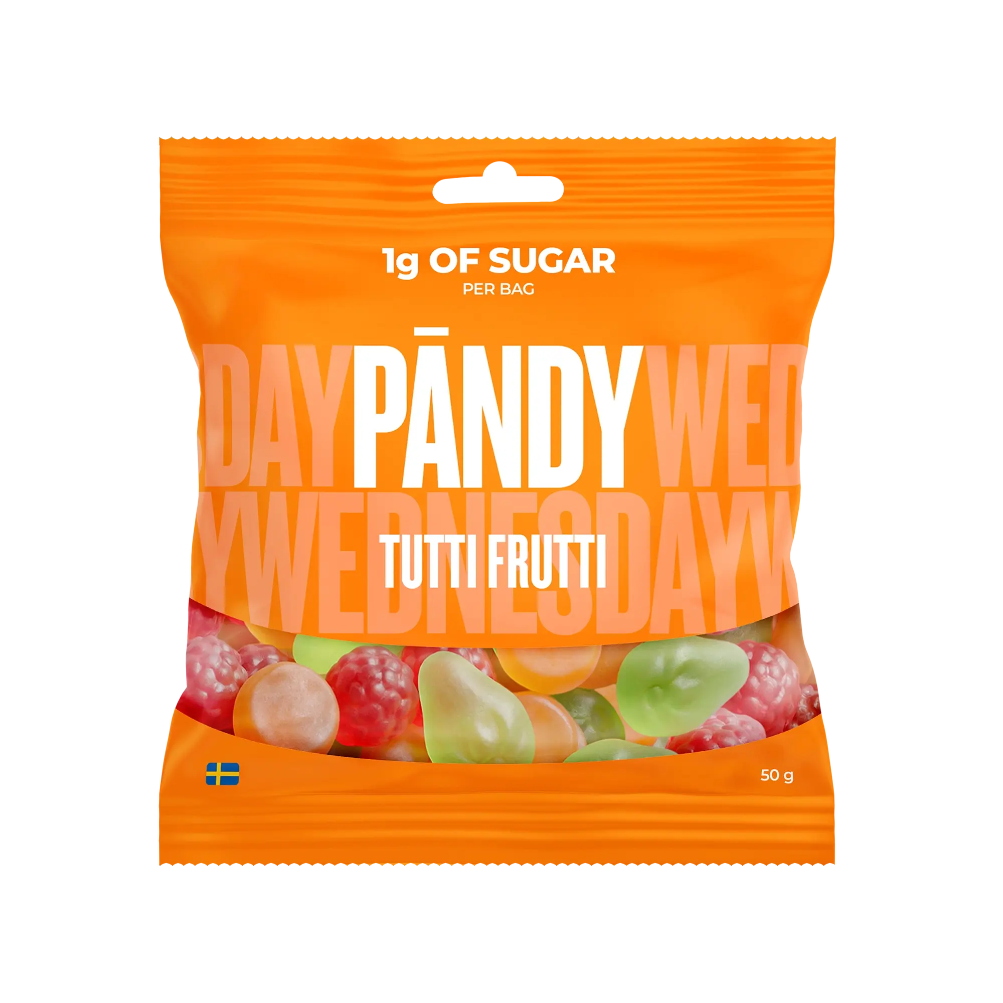 Pändy Candy 50 g Tutti Frutti i en oransje pose med bilde av fargerike gelégodterier., bilde 1 av 1