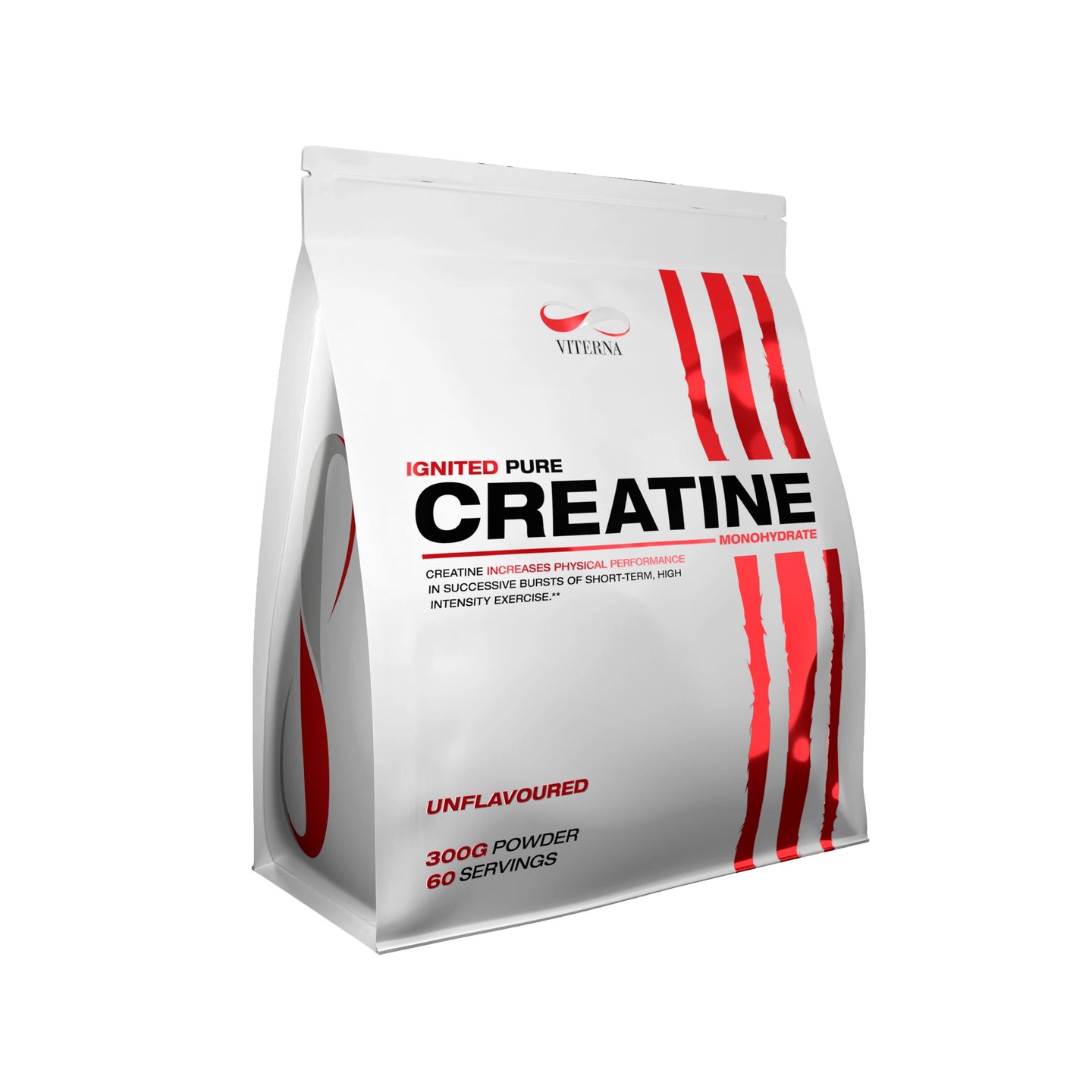 Viterna Ignited Pure Creatine 300 g kreatinpulver i en hvit pose med røde detaljer, uten smak., bilde 1 av 1