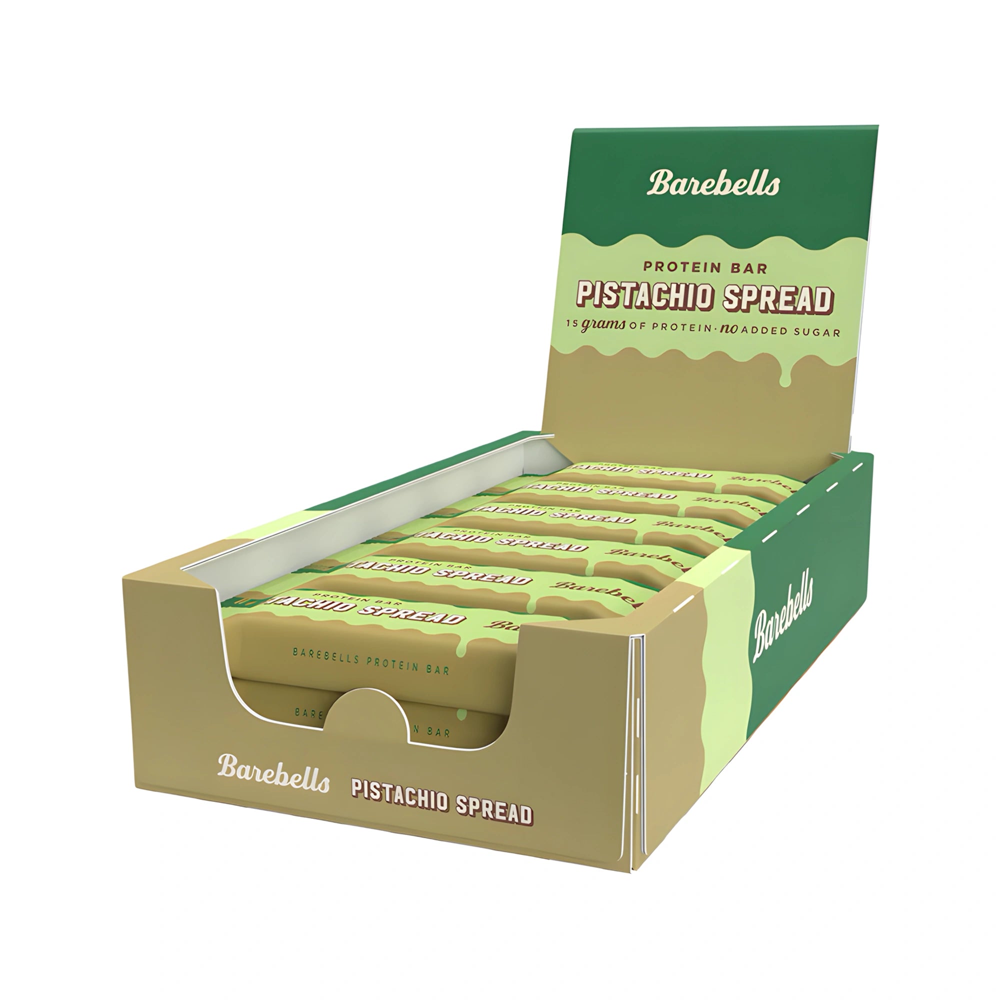 12 x Barebells Soft Protein Bar 45 g Pistachio Spread i en grønn og lysebrun displaykartong., bilde 1 av 1