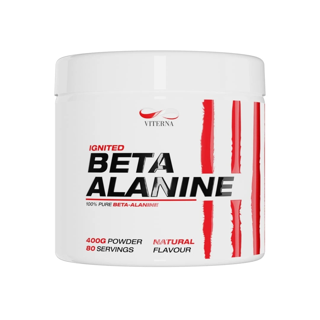Viterna Beta Alanine Powder 400 g rent aminosyrepulver i en hvit boks med røde detaljer og naturell smak.