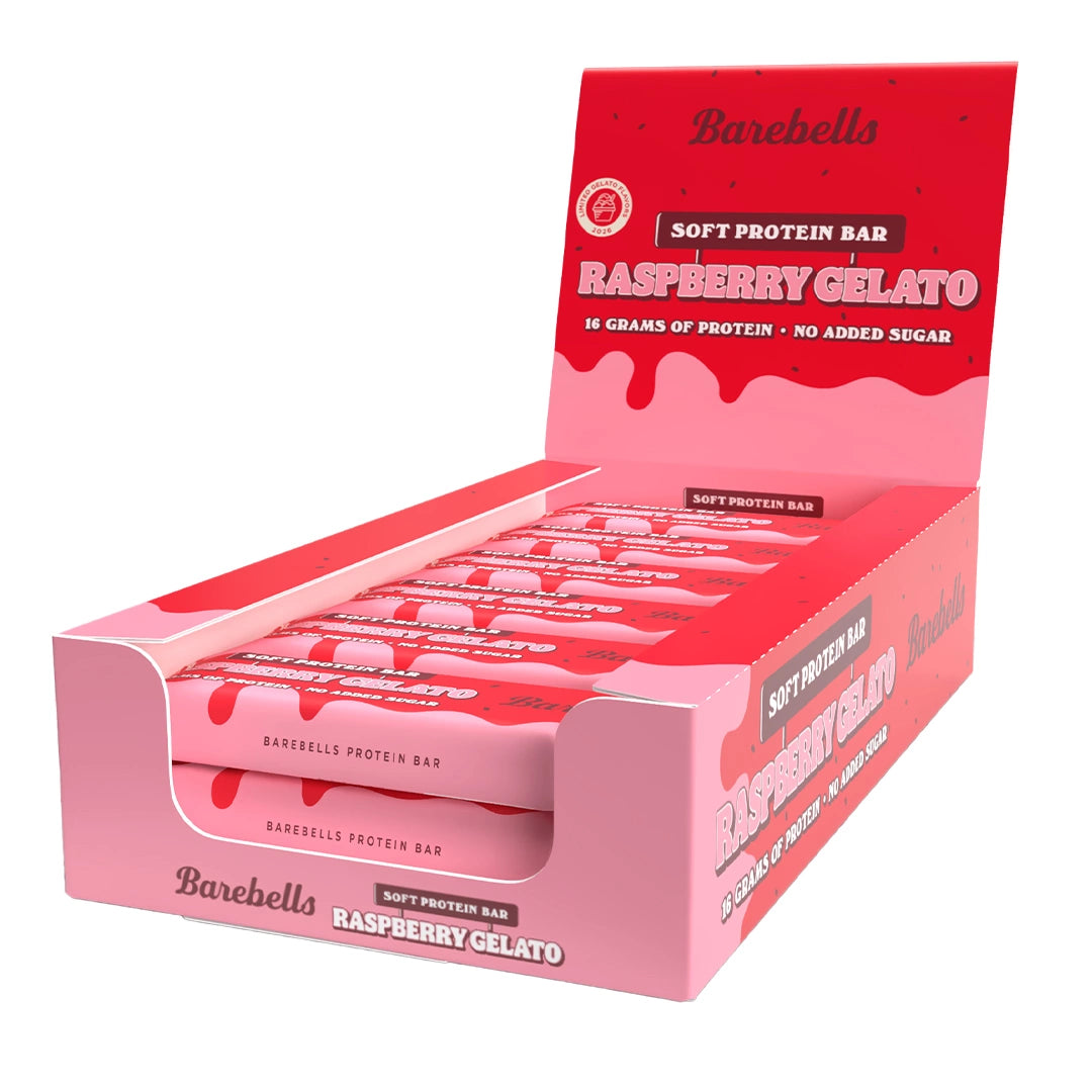 12 x Barebells Soft Bar 55 g Raspberry Gelato i en rosa og rød displayeske.
