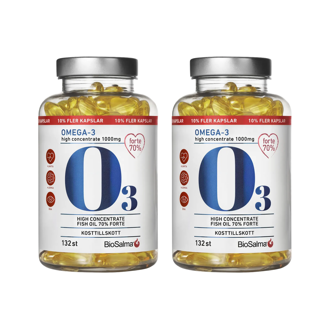 2 x BioSalma Omega-3 Forte 70% 1000 mg 132 caps i gjennomsiktige bokser med sølvlokk fylt med gule fiskeoljekapsler.