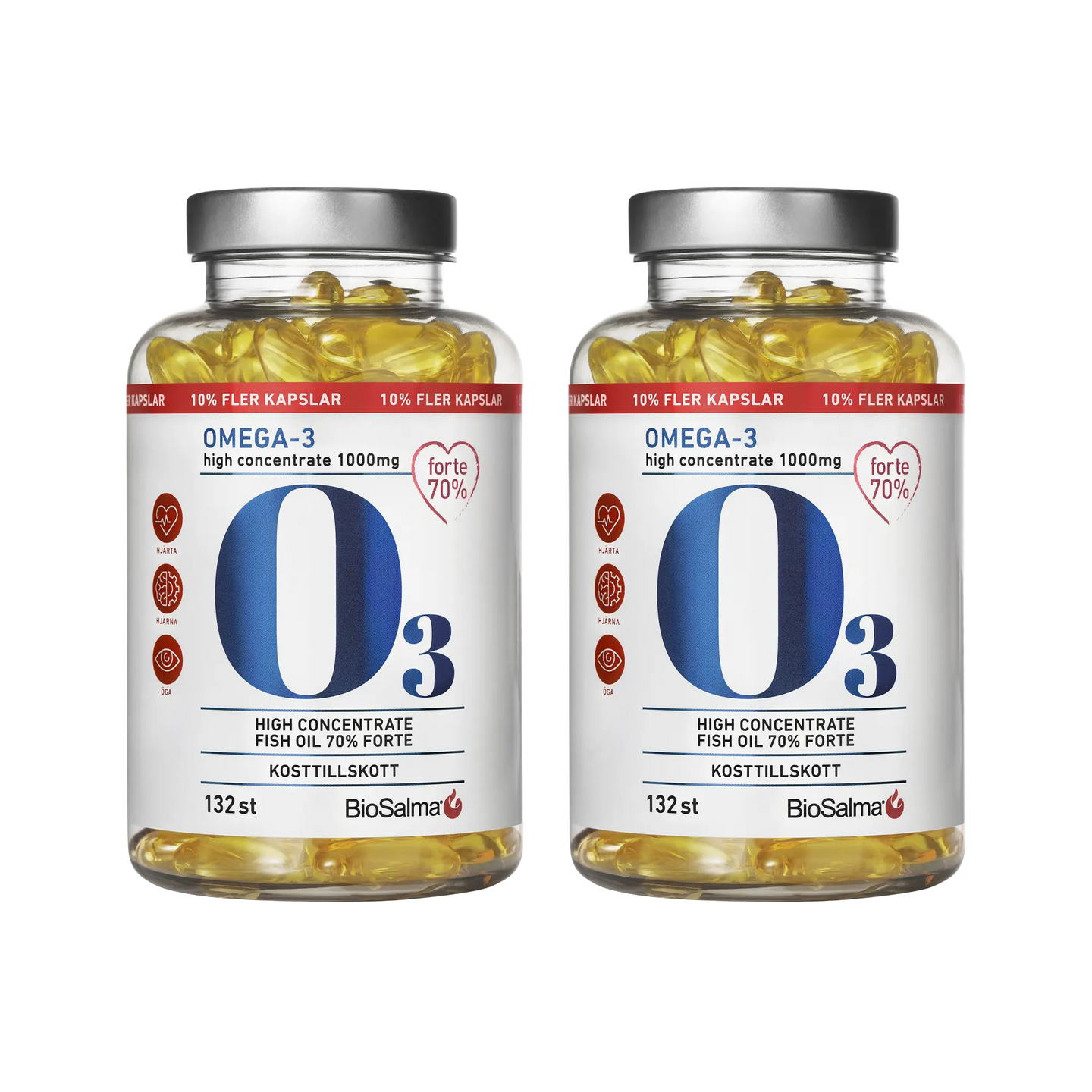 2 x BioSalma Omega-3 Forte 70% 1000 mg 132 caps i gjennomsiktige bokser med sølvlokk fylt med gule fiskeoljekapsler.