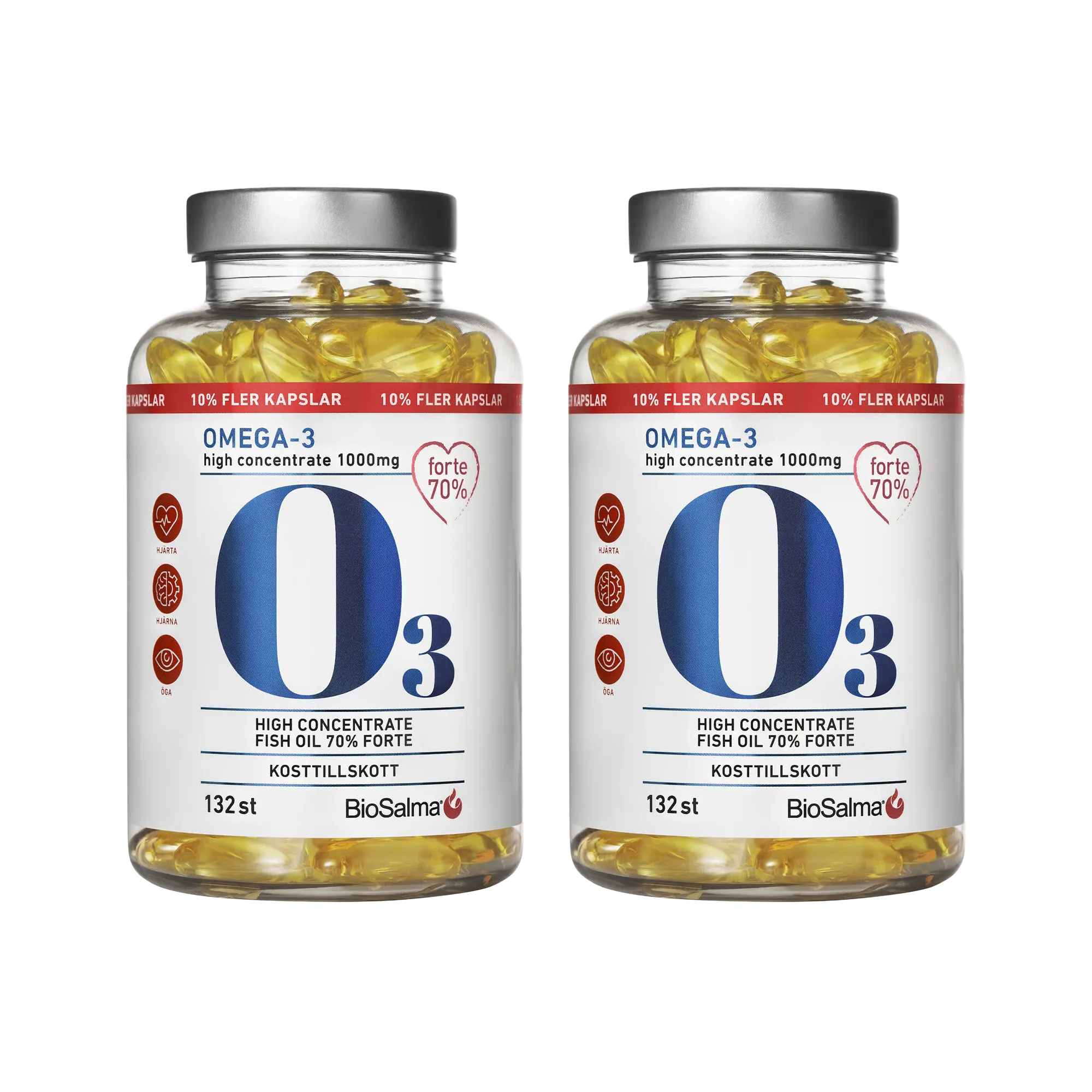 2 x BioSalma Omega-3 Forte 70% 1000 mg 132 caps i gjennomsiktige bokser med sølvlokk fylt med gule fiskeoljekapsler.