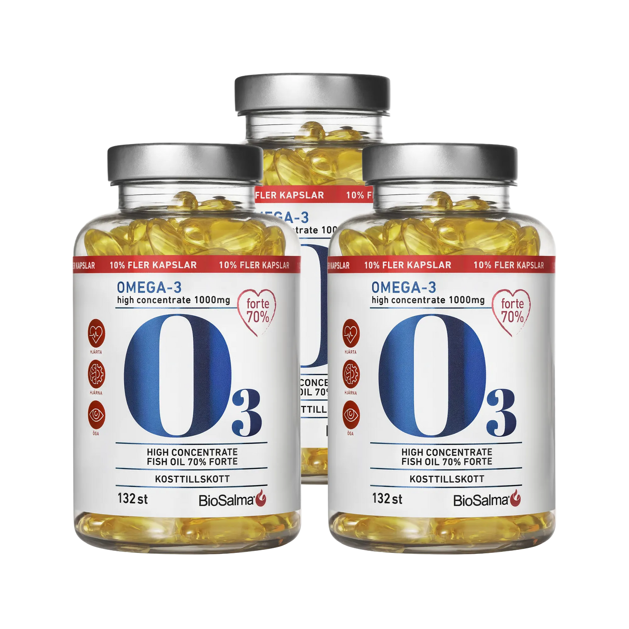 3 x BioSalma Omega-3 Forte 70% 1000 mg 132 caps i tre gjennomsiktige bokser med sølvfargede lokk og gule fiskeoljekapsler.