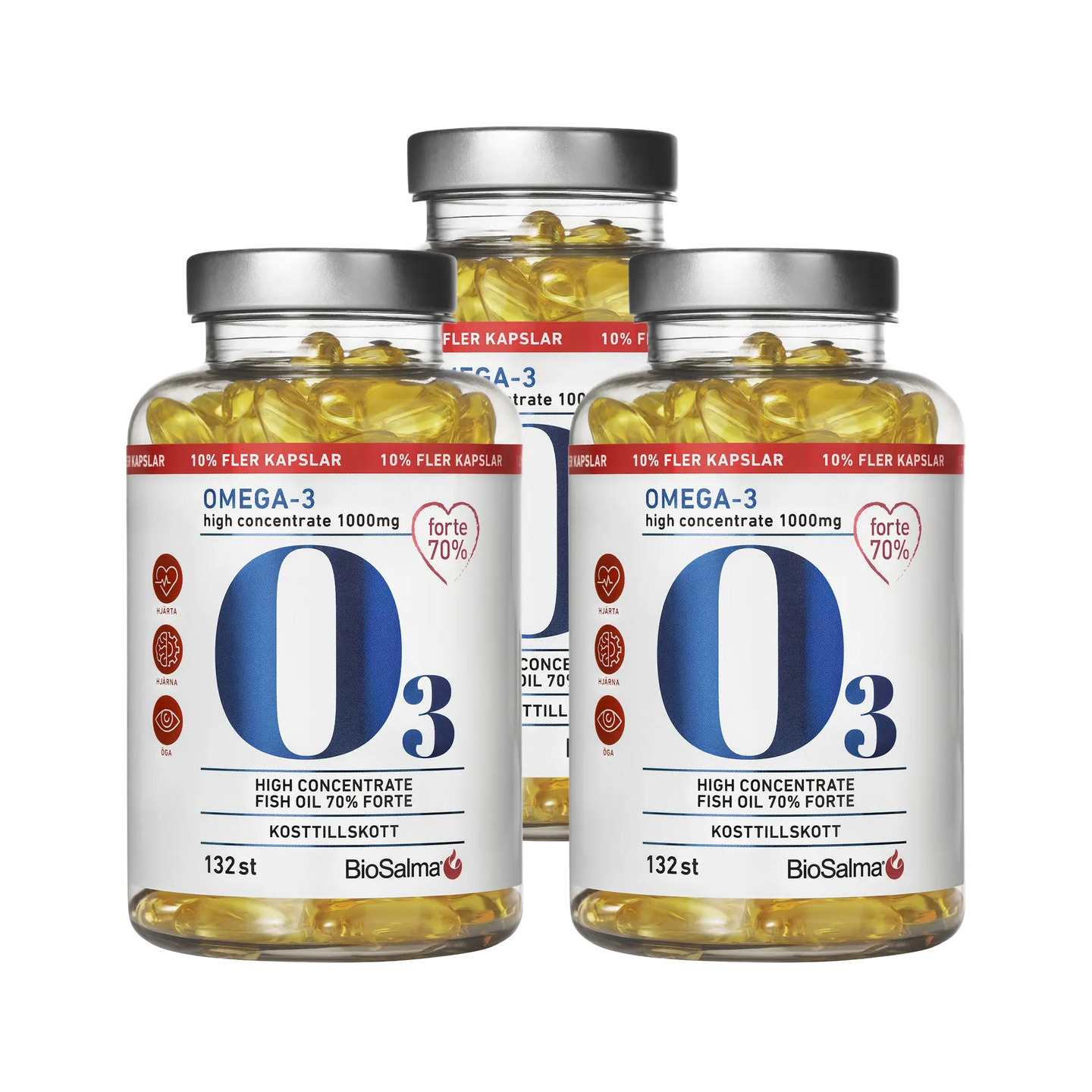 3 x BioSalma Omega-3 Forte 70% 1000 mg 132 caps i tre gjennomsiktige bokser med sølvfargede lokk og gule fiskeoljekapsler.