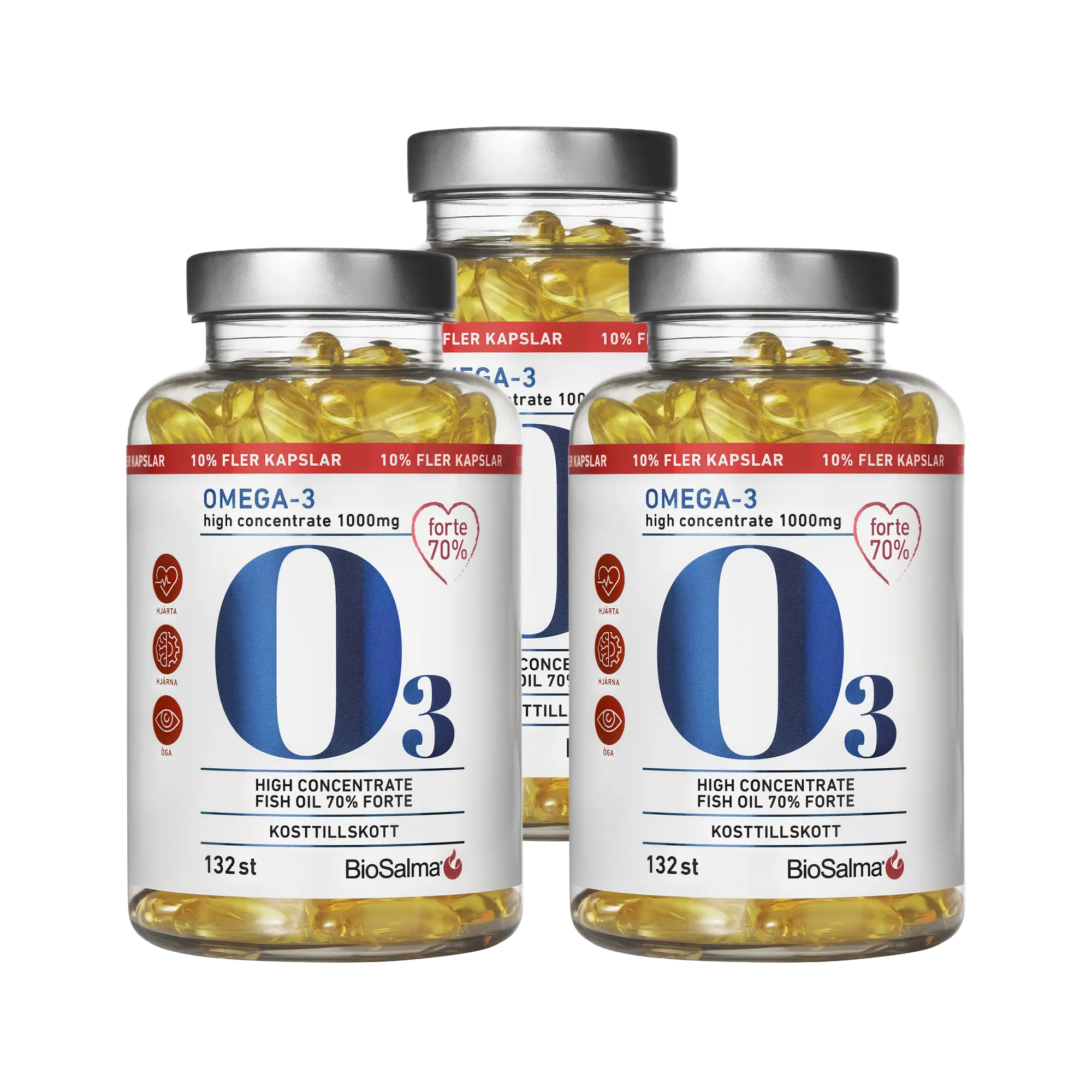 3 x BioSalma Omega-3 Forte 70% 1000 mg 132 caps i tre gjennomsiktige bokser med sølvfargede lokk og gule fiskeoljekapsler.