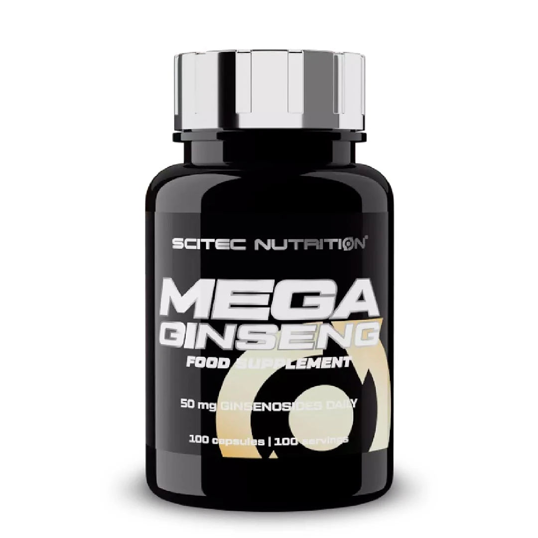 Scitec Nutrition Mega Ginseng 100 caps pakket i en svart boks med sølvlokk.