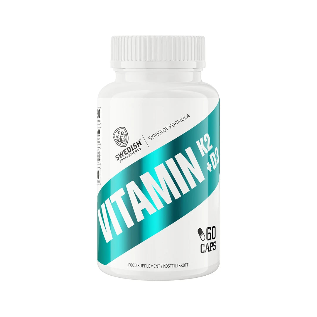 Swedish Supplements Vitamin K2 + D3 60 Caps kosttilskudd i en hvit plastboks med turkise detaljer.