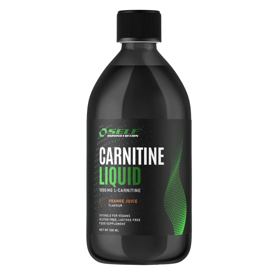 Self Ominutrition Carnitine Liquid 500 ml flytende aminosyrer i en svart flaske med smak av appelsin.